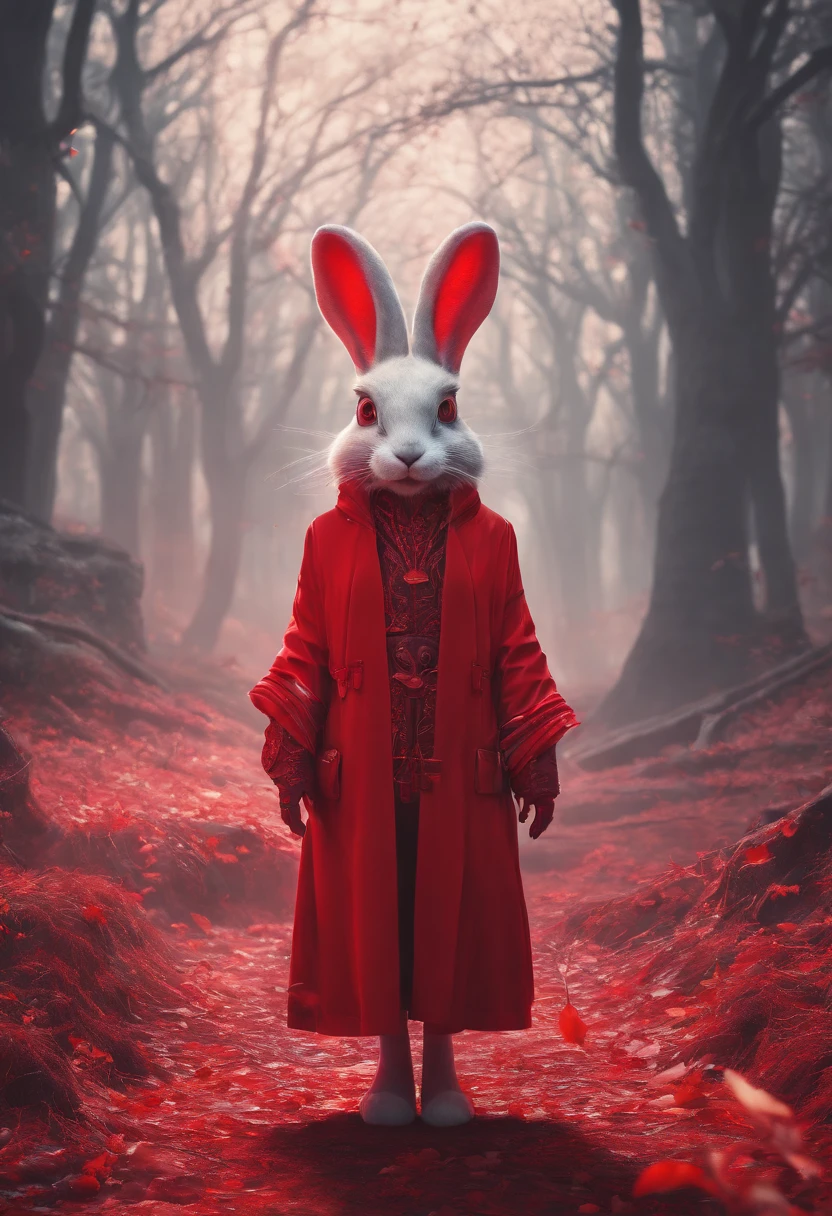 (Photo of an adventurous rabbit wearing reading glasses),I have a lot of old books on my back,Stand on a dark forest trail, (Rabbit with reading glasses:1.37) ,Wearing Tang Dynasty costumes, sandals, reading glasses, Ancient lanterns,
(Curious expressions of exploration: 1.37), (Exaggerated expression), Cartoon characters, 4D, Fox, Centered, Three-point system, Add a little background: Autumn Leaf Forest Trail Red Forest, autumn forest, Red light fog, In a red dream, really beautiful forest, Beautiful forest, Beautiful hazy wood, Red shade spray, Breathable and beautiful trees, breath-taking beautiful trees, red fog, beautiful forests and trees, Bright but dark red, red trees, 3D rendering of {{Masterpiece}}, {{Best quality}}, {super detailing}, {{illustration}}}, concept art of character, Game scene graphics, Clear facial features, Close-up photos, Photography, postapocalyptic, Masterpieces, archviz/influencer, Background, corona rendered, Octane rendering, V-rays, High detail texture, Ultra high quality, Super high resolution, popular on artstation, surrealism, surrealism, k hd, 8K axis shift, Long projection, Split Lighting