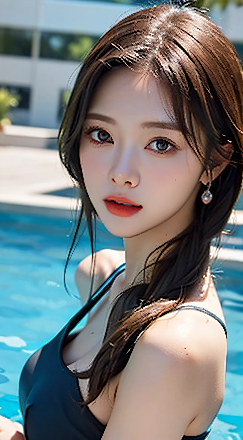 masutepiece, Best Quality, Illustration, Ultra-detailed, finely detail, hight resolution, 8K Wallpaper, Perfect dynamic composition, Beautiful detailed eyes , Pool, Sexy face