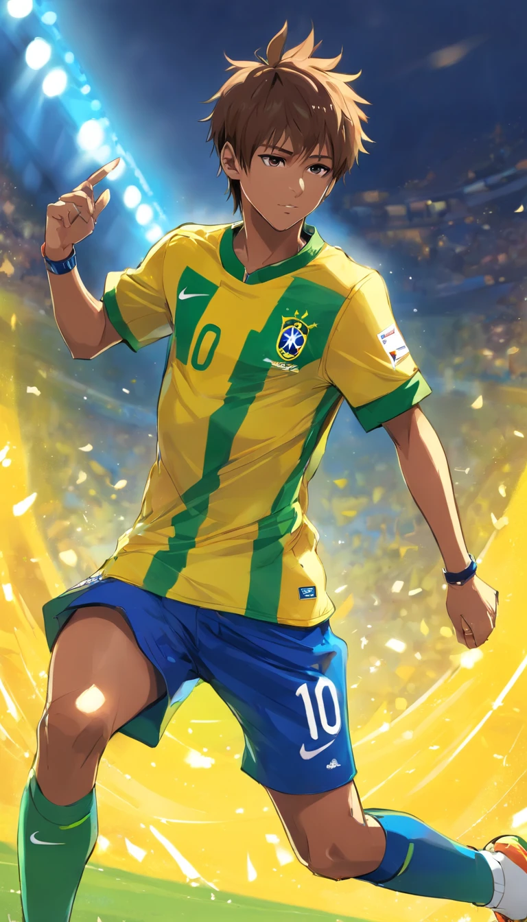 Neymar Jr with the shirt of the Brazilian national team , ,Semi realistic default scenario , melhor qualidade, best resolution , Estilo anime , obra prima , olhar fixo