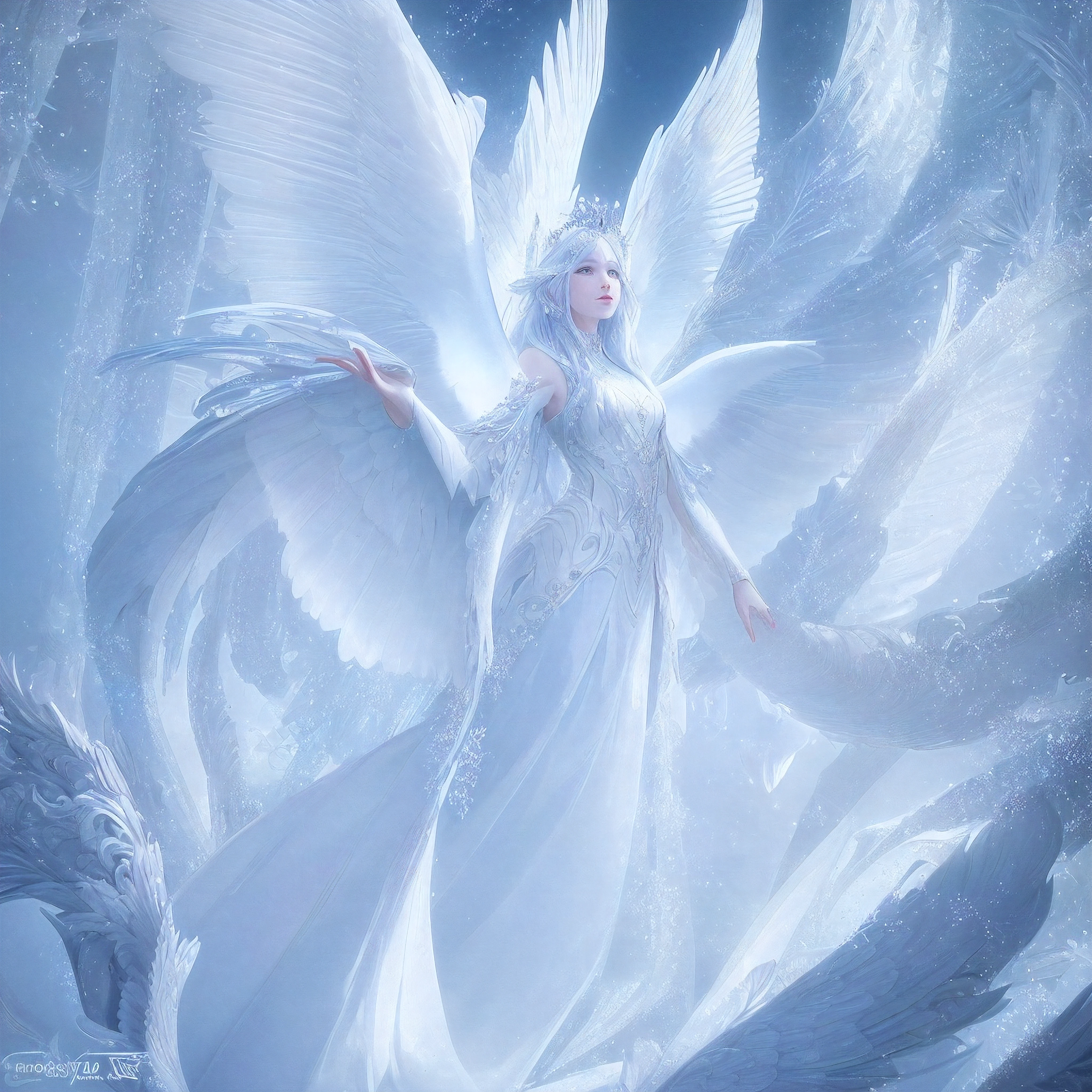 A woman wearing a white dress, flapping her wings in the air,the goddess of winter, the white witch, a river,a beautiful and elegant female fairy, the central fairy, high-quality fantastical art, the winter queen, female spirits, icy witches, beautiful fantastical art, breathtakingly beautiful female fairy princess, the river princess, fairy beauty, white fairy, long ears, white wings on the back,bright and cheerful, full-body picture, against the backdrop of a colorful sky, hyper-realistic, high-quality rendering, product view, artstation trends, CG society, super high-quality digital art, exquisite ultra-detailed rendering, 4K resolution, soft lighting, dreamy and ethereal feeling, unreal engine rendering, 8K Ultra HD resolution, high density film-like image comments, high-quality image rendering with super detailed film grain texture.