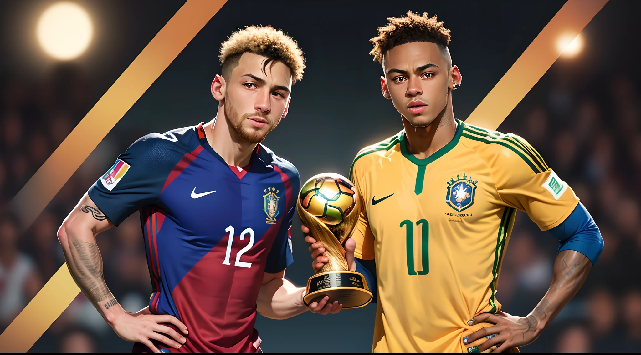 Desenha o @Messi ao lado do @Neymar with the shirt of the Brazilian national team with the World Cup trophy