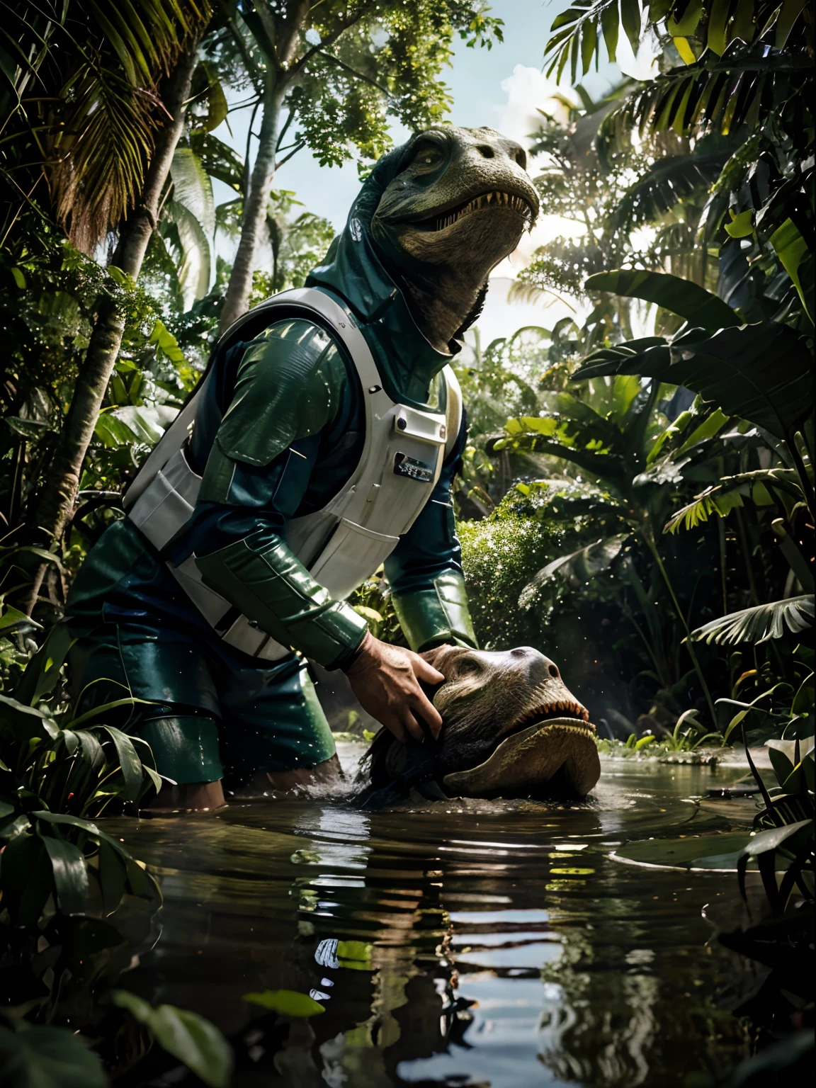 Color pencil drawing: young male astronaut, in space suit, meeting a colossal Tyrannosaurus rex in the water of a pond, around the lush deep dense Amazonian jungle, many vines, three point perspective, 8K, high resolution, sharp image, high contrast, intricate details, meticulously detailed, veduta, 3d octane render, golden hour, vivid green colors