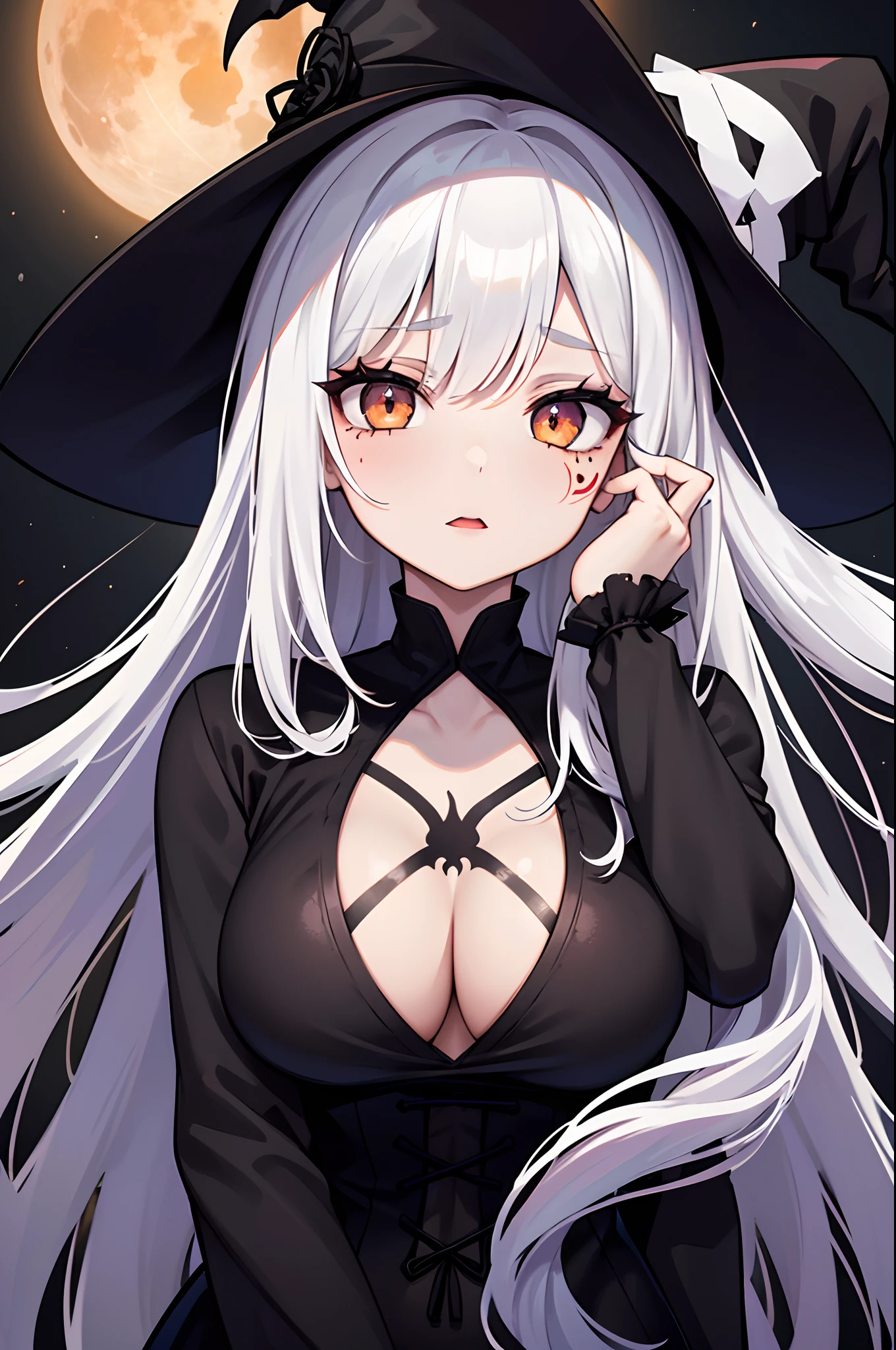 1girl, 25-years-old woman, pale complexion, spider web tattoo on arm, wearing a v-neck witch outfit, medium breast, large orange moon with black bats in black background, black eyeliner and lipstick, ghostly white long hair, witch hat, upper portrait.