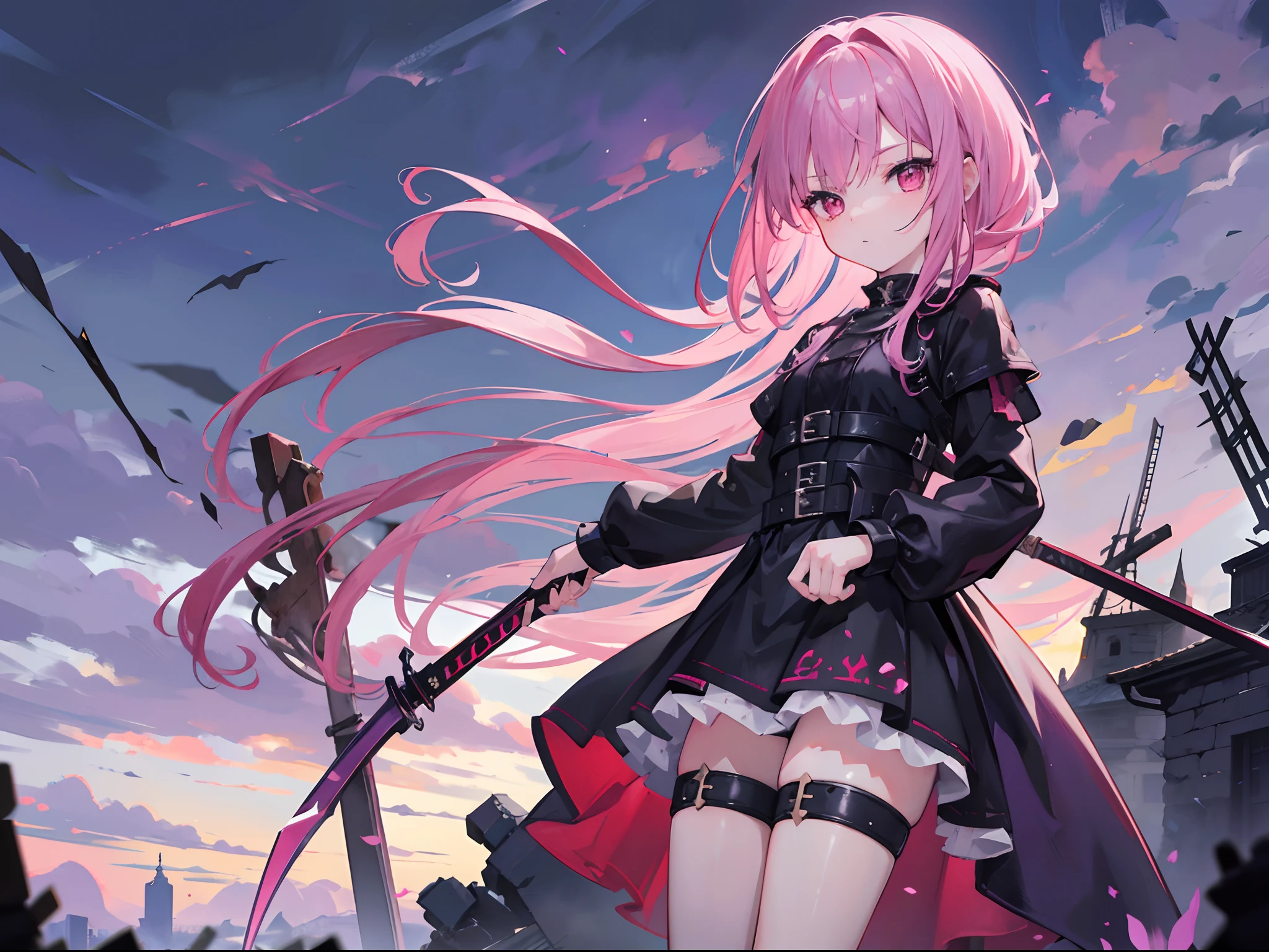1girl, sword master, long purplish pink hair, red eyes, slim body,  short height, small chest size, wearing black dress, standing on top of wreckage, outside medieval era, absurdres, high res, ultrasharp, 8K, masterpiece, looking at viewer
