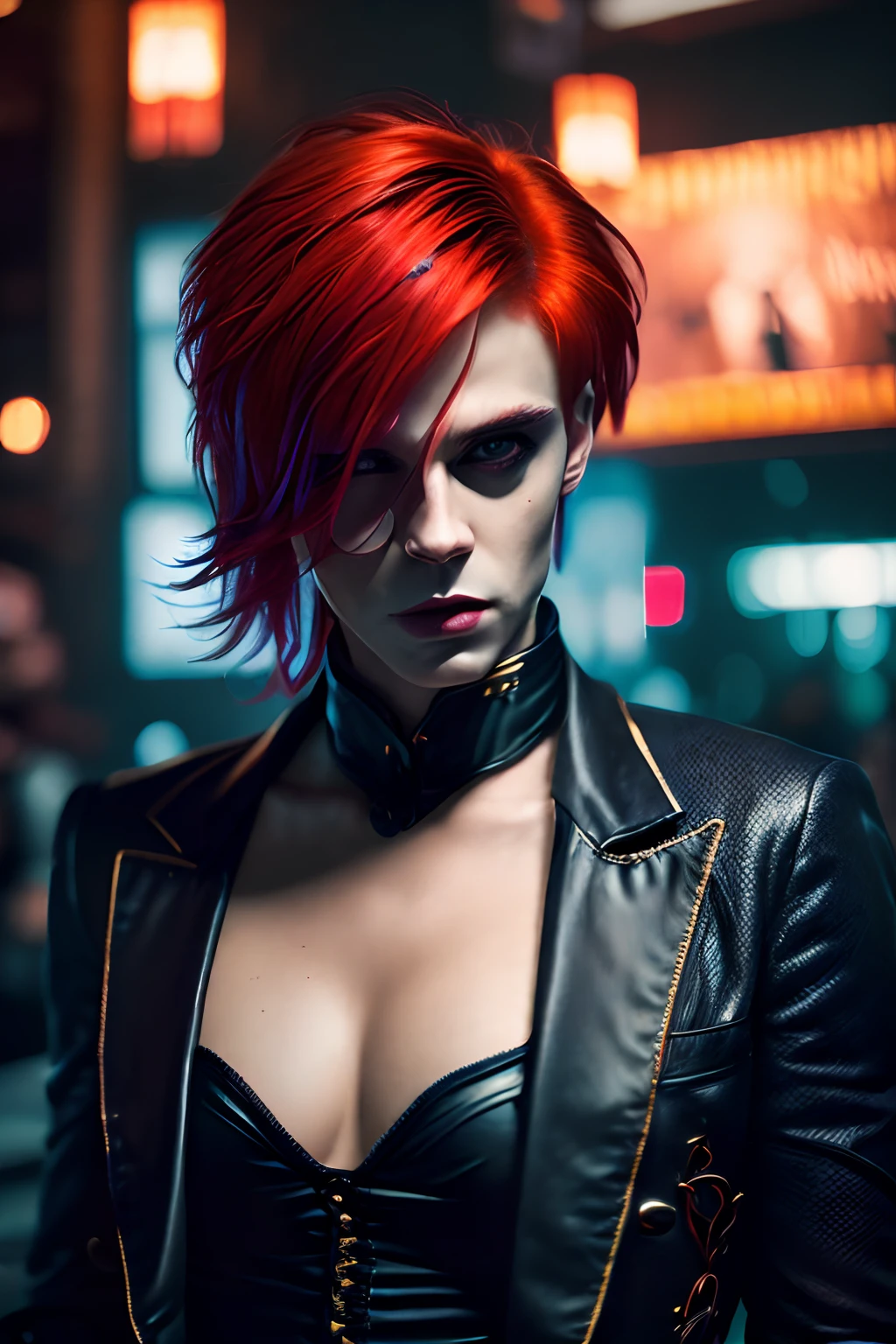 (extremely detailed 8k wallpaper), Dark Theme, Vampire in Masquerade, Modern Horror, uses (party clothes), fine focus, (subsurface dispersion:1.1), (((Young androgynous man))), (Short red hair), centered face, award-winning photography, dramatic lighting, expression (seductive), a VIP area in a nightclub.