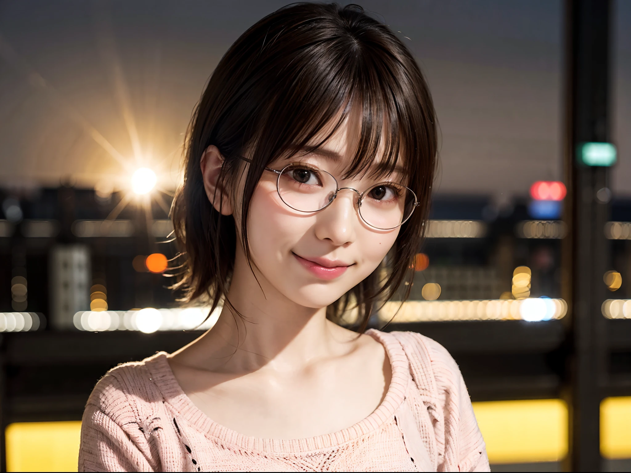 Japan girls in casual clothes、Watch your audience、Tokyo cityscape at night、(top-quality、Master masterpiece)))、HD fine、ighly detailed、Master masterpiece、电影灯光、(8K、top-quality、Master masterpiece:1.2)、(realisitic、Photorealsitic:1.37) Hi-Res、Super Detail、Woman with glasses、Silent look、Round glasses、Asian, cute little, Cute face, Solo, Short hair 1.2, Textured skin, Beautiful smile, Beautiful detailed night sky, night landscape, 电影灯光, depth of fields, Lens flare light、Dating、(blush nose)、、(Mouth closed)tiny chest、Beautiful eye for detail、(Sweaters:1.1)、(Short hair:1.2)、Floating hair Nova frog style、