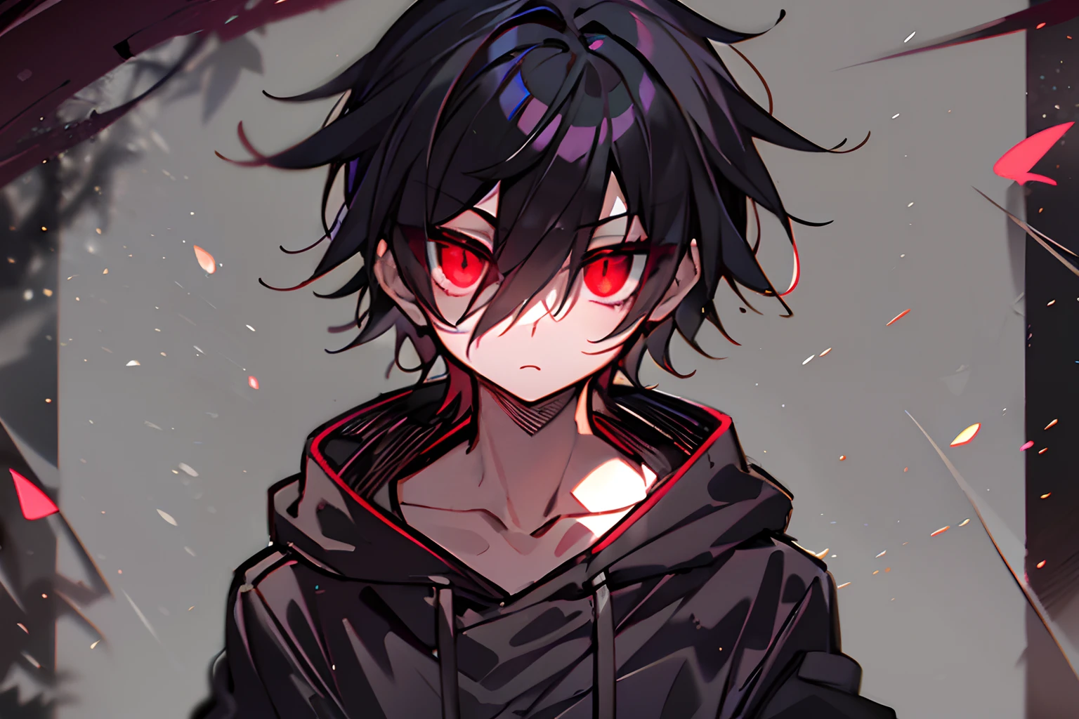 beautiful countenance、hight resolution,Anime boy with black hair and red eyes staring at camera, Glowing red eyes,slim, dressed in a black outfit,Shadow Body,Brown skin,monochromes,hair messy,Straight face,Diagonal angle