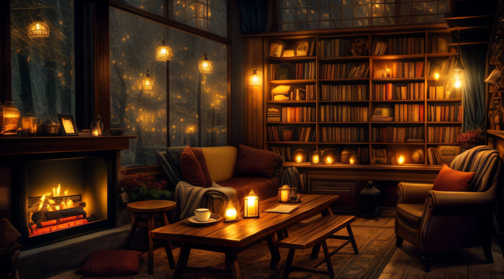 a dimly lit room with a fireplace and a book shelf, pleasant cozy atmosphere, cozy atmosphere, cozy cafe background, cozy setting, cosy atmosphere, cozy environment, cozy and peaceful atmosphere, cozy place, cozy lighting, cosy atmoshpere, cozy atmospheric, cozy wallpaper, warmly lit posh study, comfy ambience, lounge background, warm lighting interior