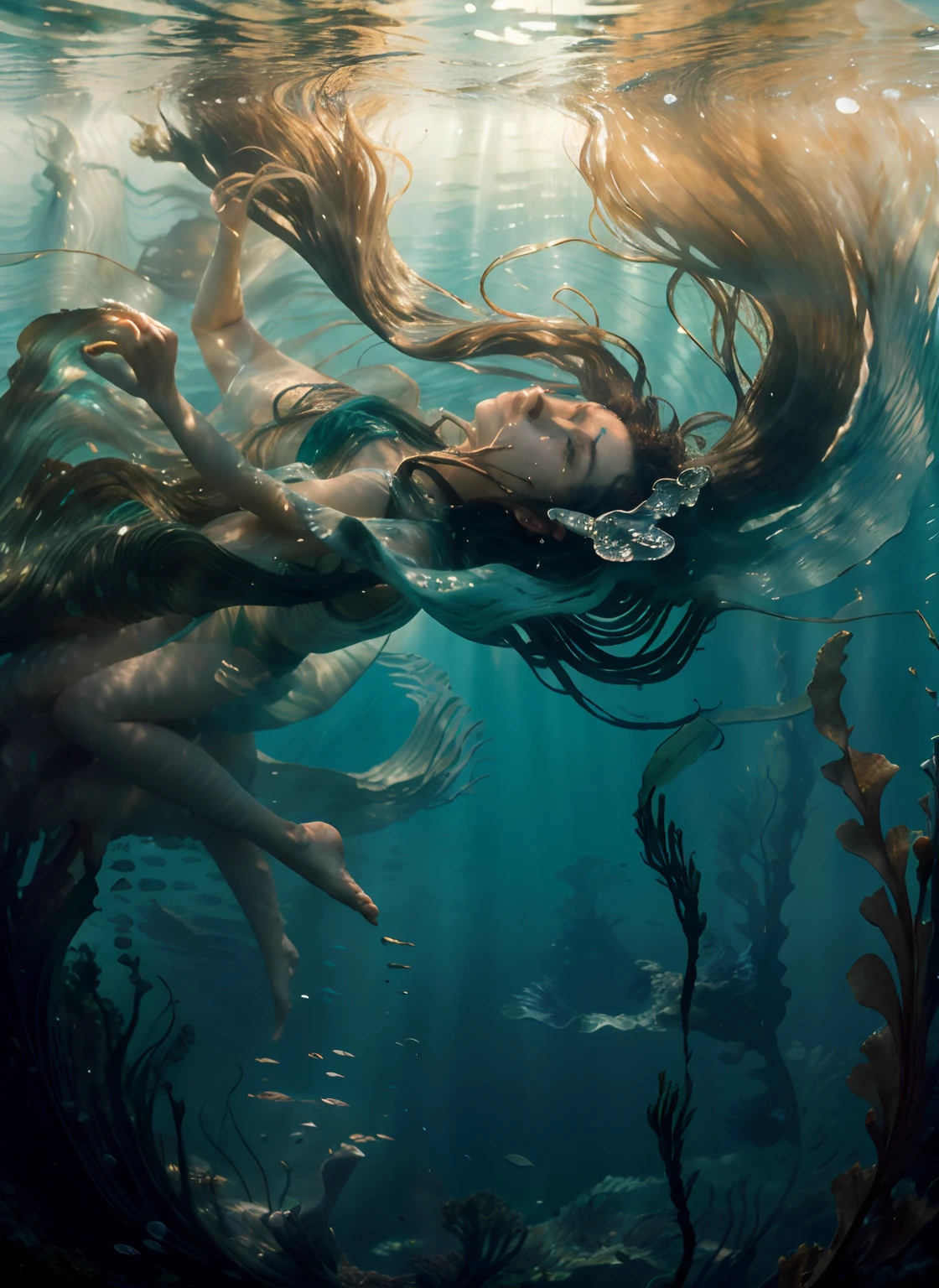 best quality,ultra-detailed,realistic,swimming, messy hair,flowing dress,sea of kelpweed,beautiful detailed eyes,beautiful detailed lips,underwater light,portrait,soft colors,long hair,ebony hair,curly hair,vivid greens,water reflections,graceful posture,natural environment,wet hair,breathing underwater,serene expression,sunlight through water,nature's beauty,romantic atmosphere,water movement,subtle waves,female figure,peaceful,ethereal,flowing fabric,natural beauty,gentle movement,stunning view,submerged in water,dreamlike,calm and serene,underwater world,undulating sea plants,moving with the current,water caressing the body,mysterious depths,swimming effortlessly