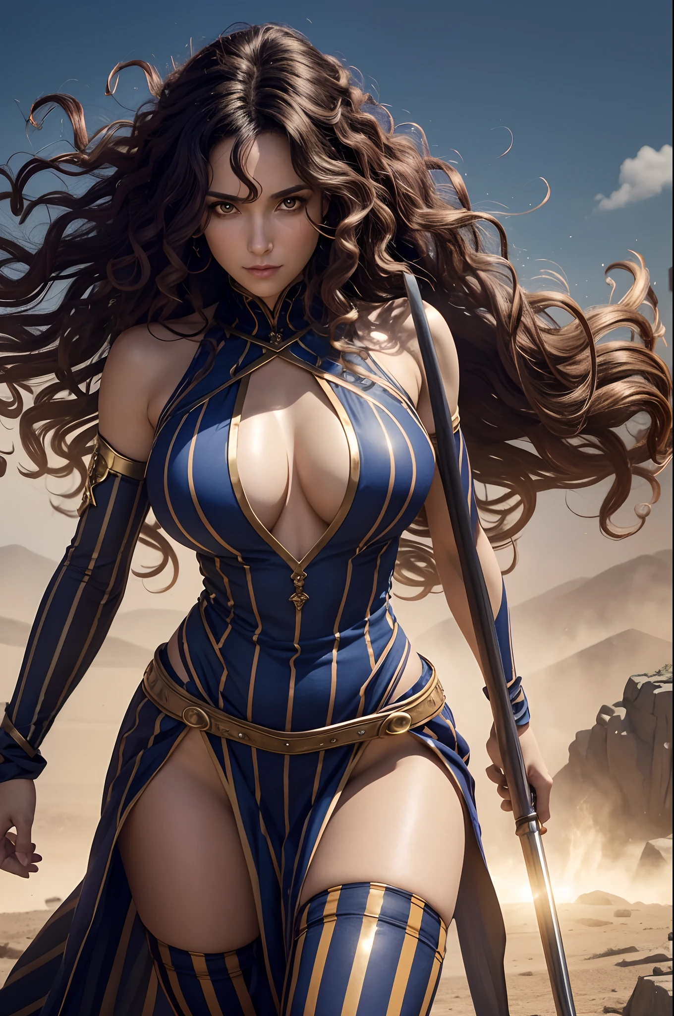 51 yo warrior goddess in a fantasy world, striped thigh-high socks, posing for viewer, messy curly hair, asymmetrically placed hair, tall woman, flowing garb, stunningly beautiful woman, arms outstretched in casting motion, arm sleeves, devious eyes, seductress