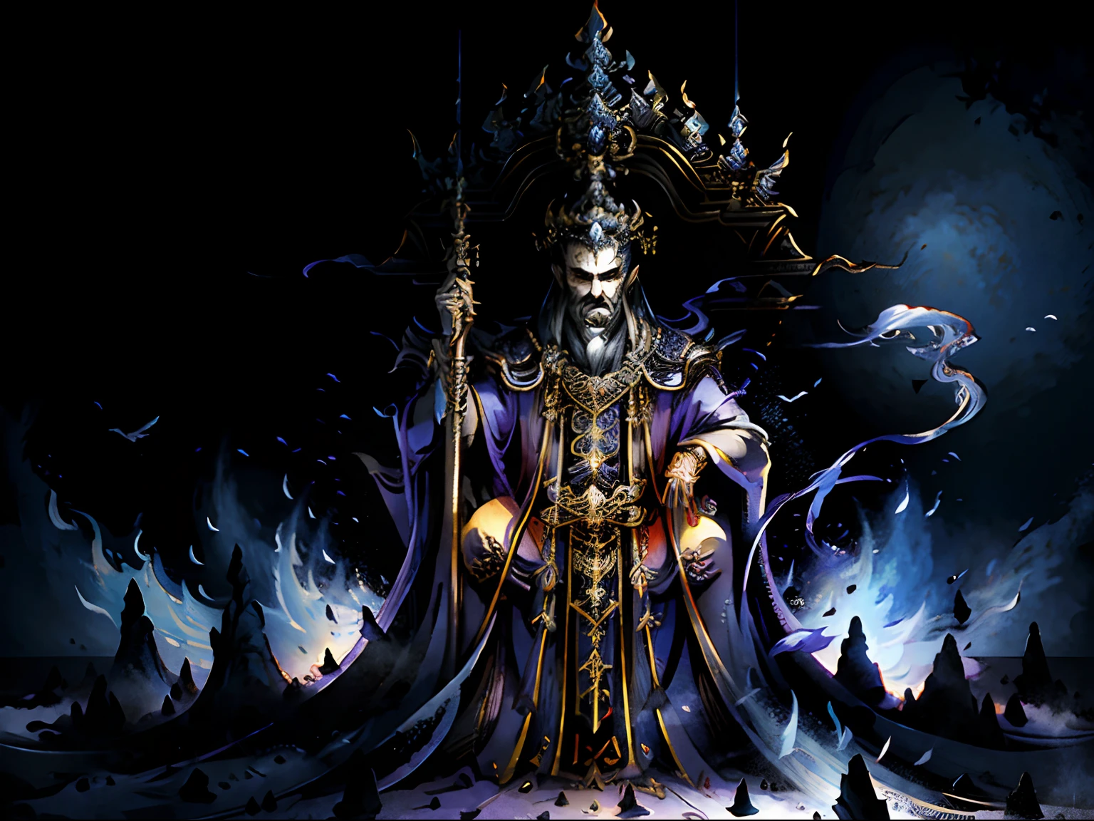 Underworld,Yan,Underworld, Emperor, the emperor,Majesty,Long beard,A high resolution, Supernatural atmosphere, Majestic throne, Hell Building, Tormented souls, Smoky aura,Spooky shadows, Chinese Ancient Times,Ultra HD details,(Photorealistic,photo-realistic:1.37),hdr,hyper HD,Ultra-fine painting,Sharp focus,Extreme detail description,professional,terroral.
