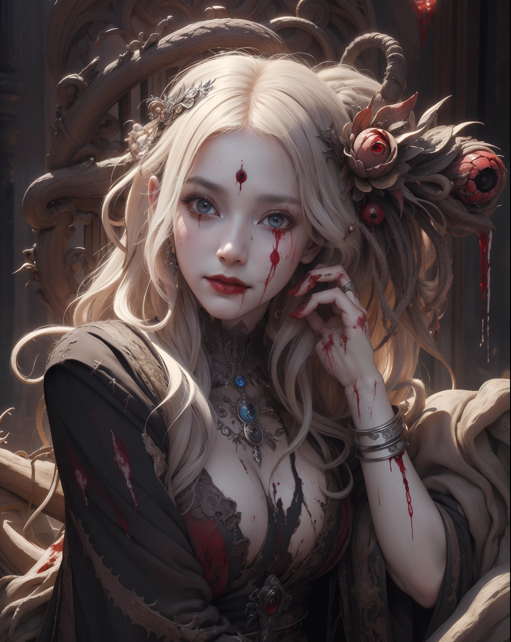 masterpiece, best quality, high quality, extremely detailed CG unity 8k wallpaper, portrait of a pagan goddess, antichrist, doomsday, holy, award winning photography, Photorealistic,extremely detailed, trending on artstation, trending on CGsociety, Intricate, High Detail, dramatic, art by midjourney, blood on face, evil smile, horror art, dread, (blood:1.2)