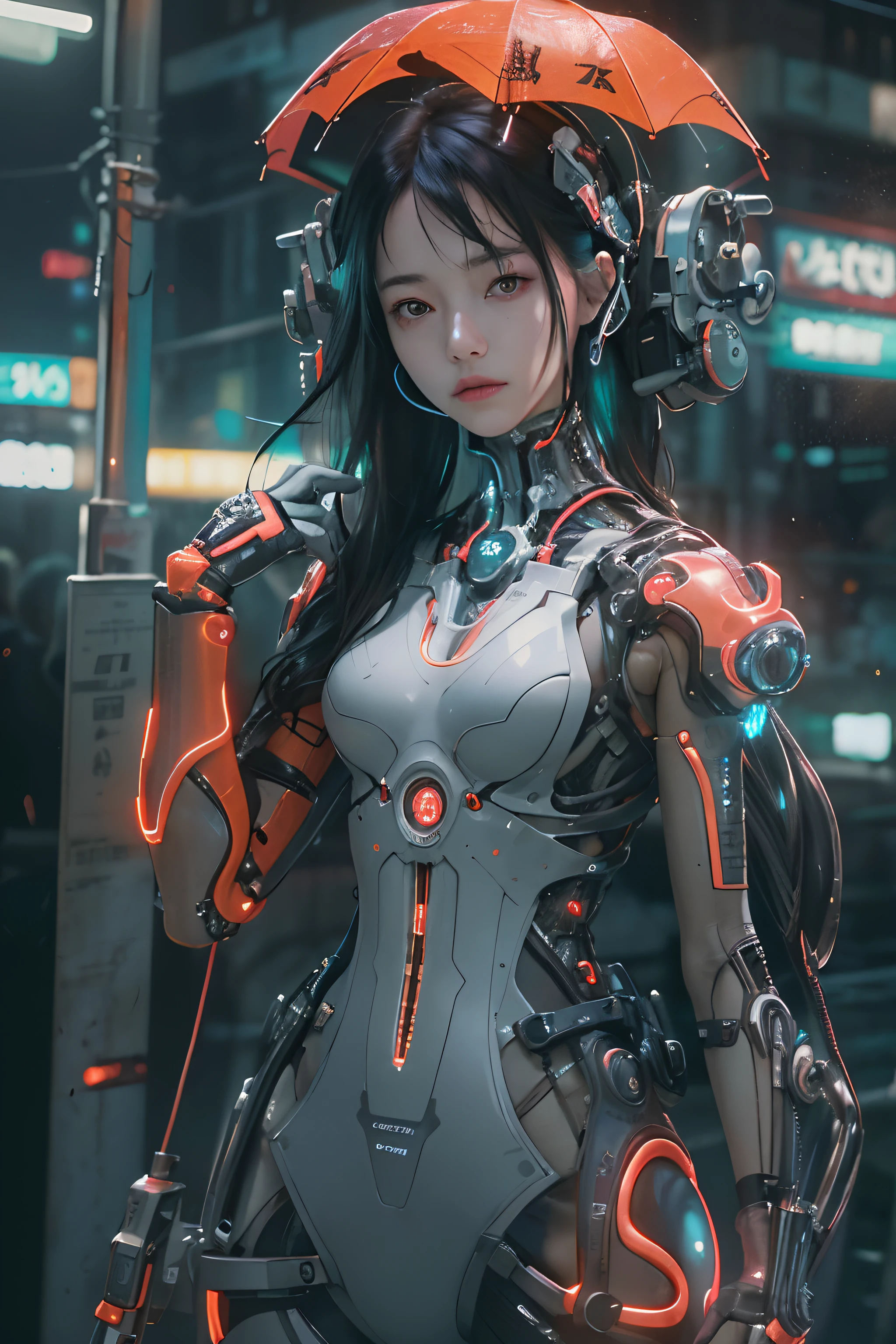 Top quality, Masterpiece, 超高分辨率, ((Photorealistic: 1.4), RAW photo, 1 Cyberpunk Girl, Black hair, Glossy glossy skin, 2 mechanical girls, (hyper realistic detailed)), globalillumination, Deep shadows, Octane rendering, 8K, ultrasharp, metal, Intricate Ornament Details, egypician detail, very complex details, Realistic light, CGSoation trend, Facing the camera, neon light detail, Mechanical limbs, Tubes attached to mechanical parts, Mechanical vertebrae attached to the back, mechanical cervical attachment to the neck, wires and cables connecting to head, Evangelion, Small luminous lamps, Umbrella in hand, (Dazzling cyberpunk city streets in the background).