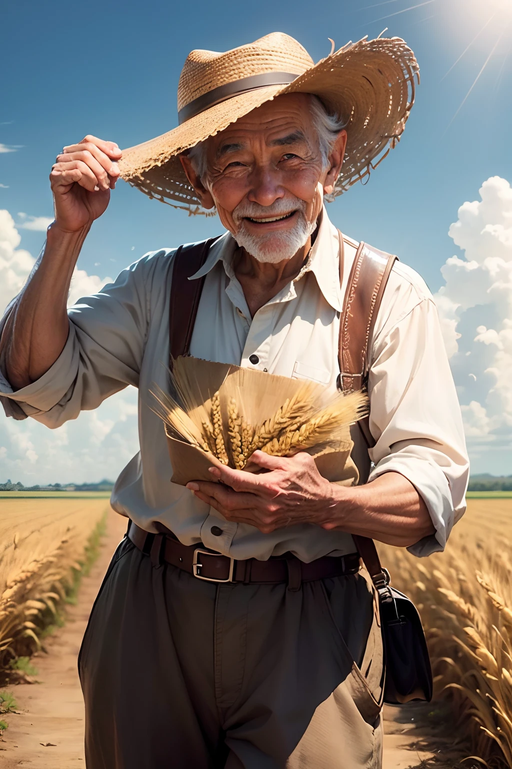 a old man，Holding a handful of ears of wheat on his chest，grin face，Wrinkles，rays of sunshine，ricefield，autumnal，Wearing a straw hat，Anime comic style --auto