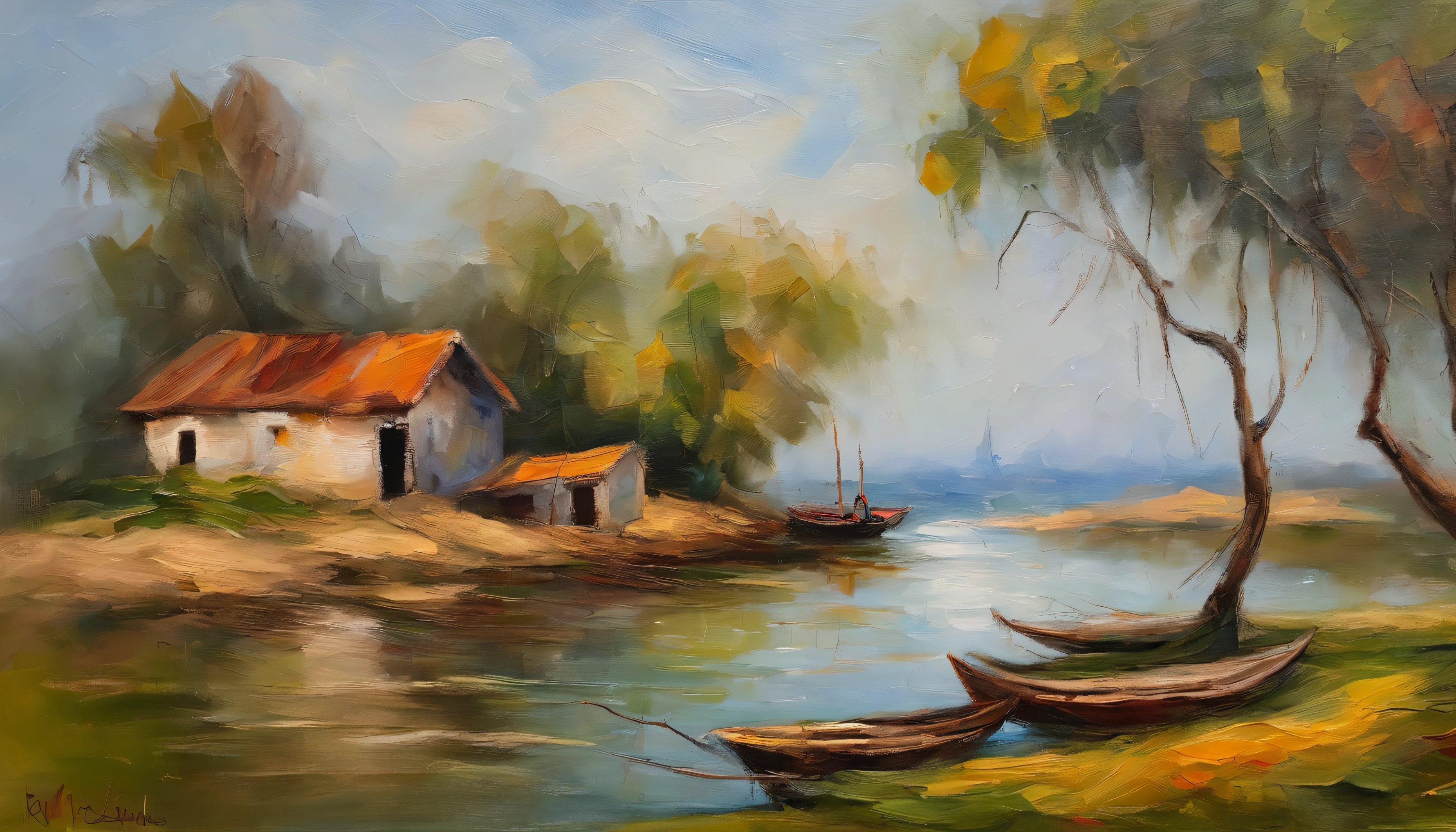 There is an old cottage by the river, Fishing boats near the water hut, ((Patinhos nadam perto do barco)), Flores florescem ao lado da casa de campo, Um velho fuma,Sit in front of the cabin. Obras-primas de arte.