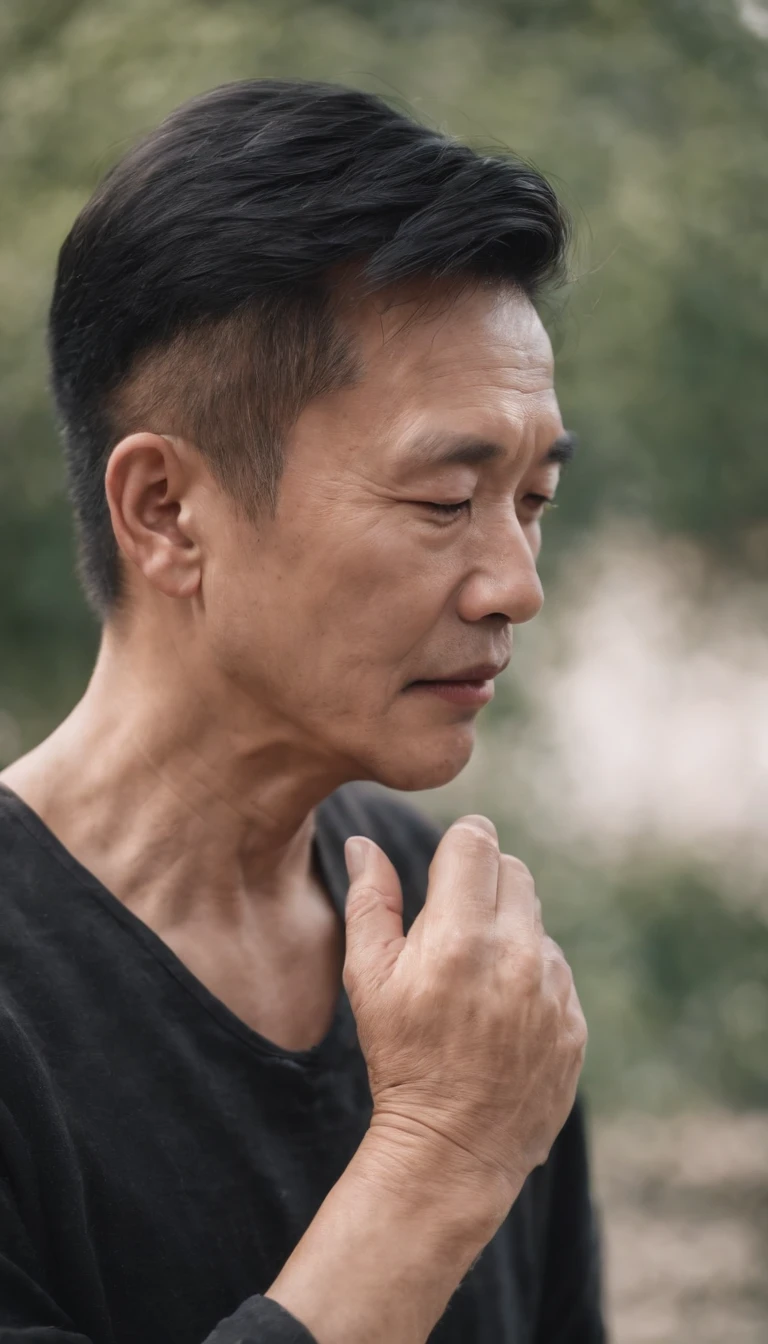 Chinese man with toothache,age 60,Cover your face with your hands,The expression is painful,The expression of wanting to cry,Black hair,longer sleeves