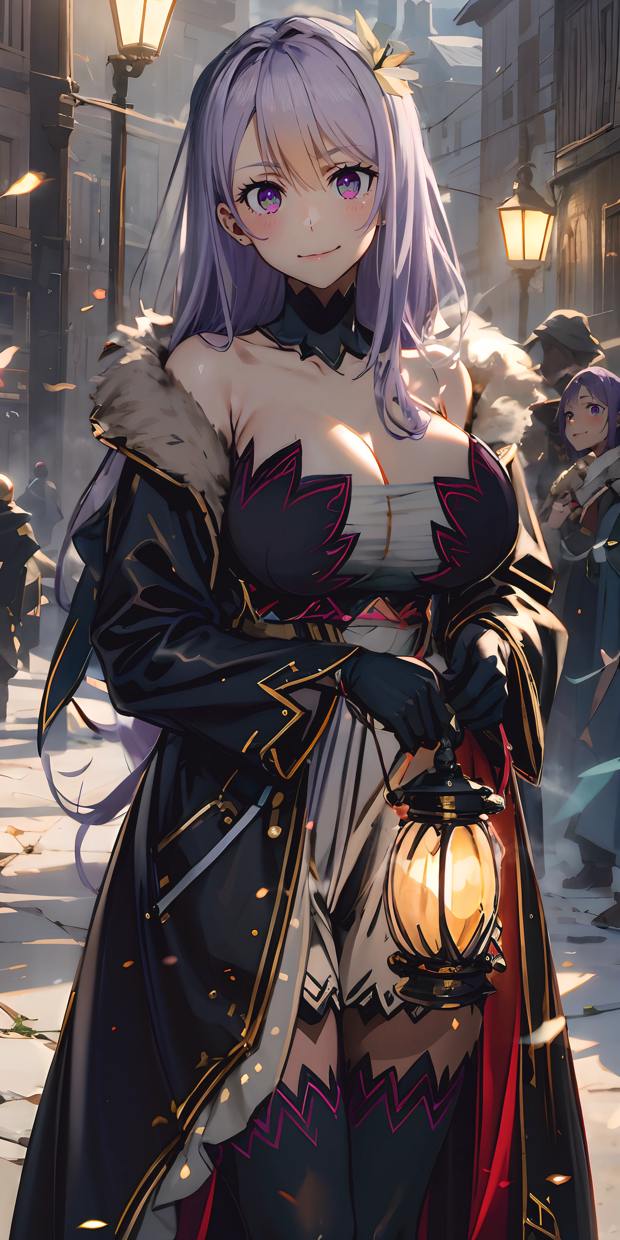 MedGorg, (long hair, purple hair:1.6), purple eyes, breasts, epic art, fantasy, 1girl, gloves, black_gloves, black_legwear, looking_at_viewer, coat, breasts, fur_collar, jewelry, holding, solo, dress, pantyhose, standing, "long shot scenic professional photograph of {prompt}, perfect viewpoint, highly detailed, wide-angle lens, hyper realistic, with dramatic sky, polarizing filter, natural lighting, vivid colors, everything in sharp focus, HDR, UHD, 64K", anime coloring, anime screencap, sweating, steaming body, fog