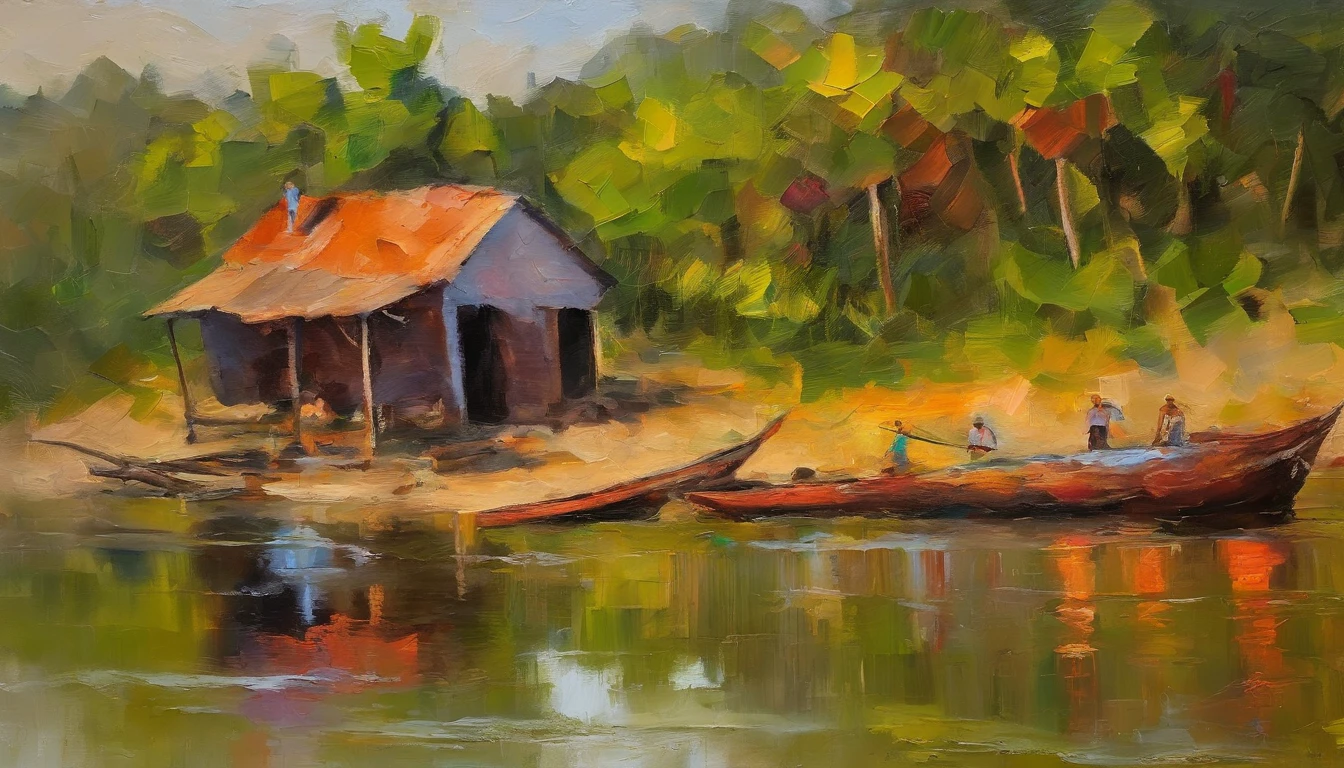 There is an old cottage by the river, Fishing boats near the water hut, ((Patinhos nadam perto do barco)), Flores florescem ao lado da casa de campo, Um velho fuma，Sit in front of the cabin. Obras-primas de arte.