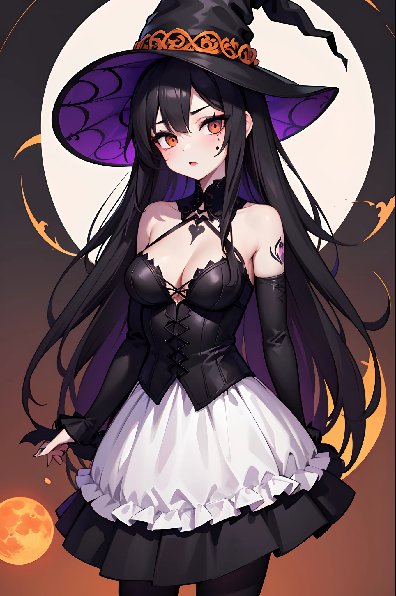 1girl, 25-years-old woman, pale complexion, spider web tattoo on arm, wearing a v-neck witch outfit, medium breast, large orange moon with black bats in black background, black eyeliner and lipstick, ghostly white long hair, witch hat, upper portrait.