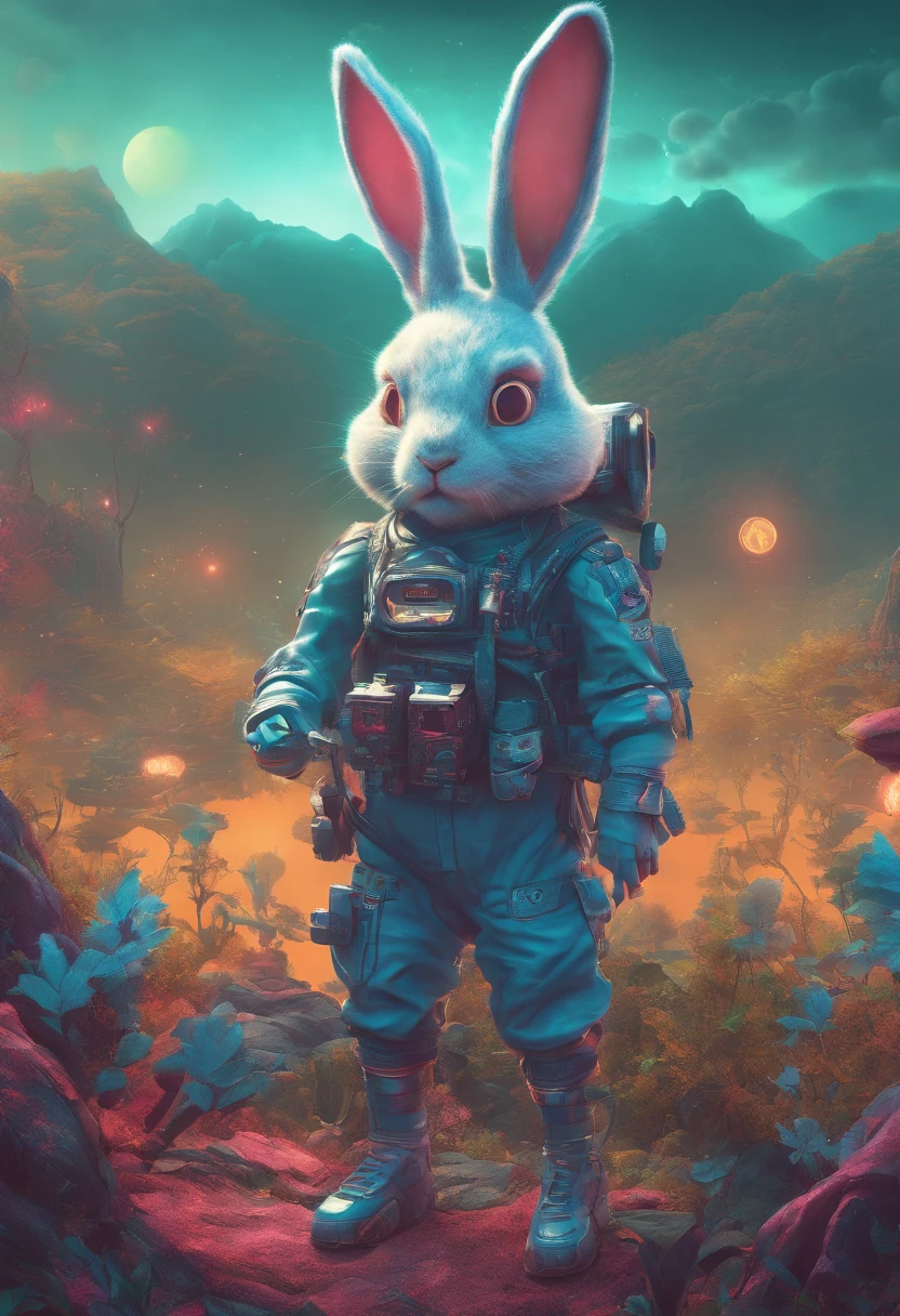 An exploration cartoon rabbit is observing the terrain in the pitch black forest
Background: The magical jungle at night,D RENDERING {{Masterpiece}}, {{Best quality}}, {super detailing}, {{illustration}}}, concept art of character, Game scene graphics, Clear facial features, Close-up photos, Photography, postapocalyptic, Masterpieces, archviz/influencer, Background, corona rendered, Octane rendering, V-rays, High detail texture, Ultra high quality, Super high resolution, Popular on artstation, surrealism, surrealism, k hd, 8K axis shift, Long projection, Split Lighting