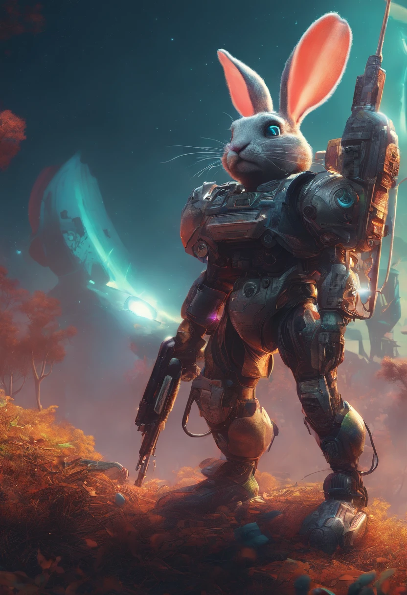 An exploration cartoon rabbit is observing the terrain in the pitch black forest
Background: The magical jungle at night，D RENDERING {{Masterpiece}}, {{Best quality}}, {super detailing}, {{illustration}}}, concept art of character, Game scene graphics, Clear facial features, Close-up photos, Photography, postapocalyptic, Masterpieces, archviz/influencer, Background, corona rendered, Octane rendering, V-rays, High detail texture, Ultra high quality, Super high resolution, Popular on artstation, surrealism, surrealism, k hd, 8K axis shift, Long projection, Split Lighting