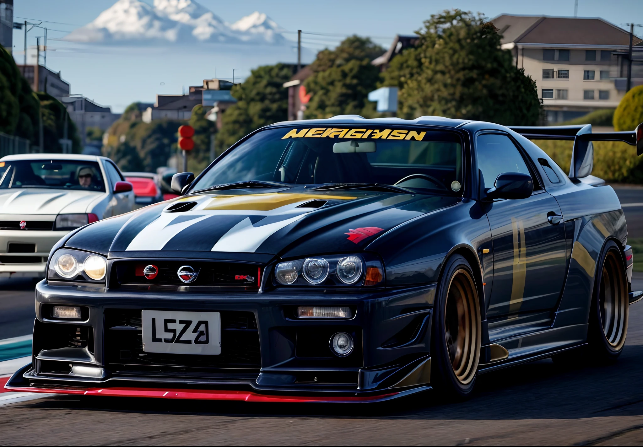 there is a car that is driving down the street with a number plate on it, in a modified nissan skyline r34, cobbled together nissan r34 gtr, nissan gtr r 3 4, japanese drift car, wide body, fujifilm”, epic stance, on a street race track, drifting around a corner, toyota jzx 1 0 0 drift, jdm