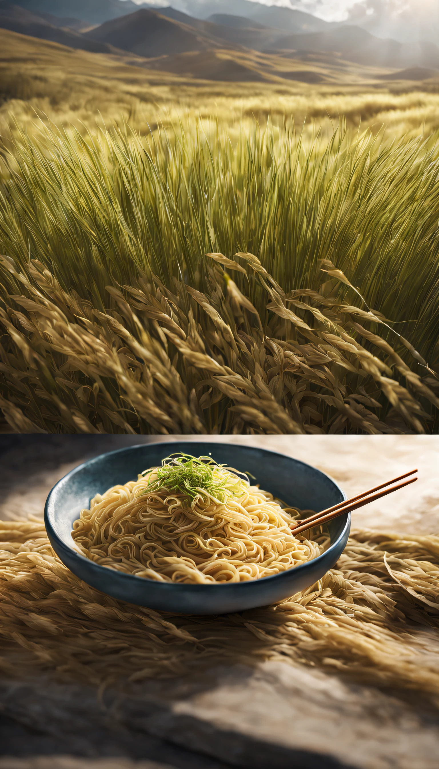 Product promotional poster，The product name is:：Fairy grass barley noodles，Tibetan style，Embodied in the sun，There are fairy grasses、Integration of plateau barley，Create a high altitude、Sunny landscape,  In a surreal landscape, There is a dead color, 4K, Cinematic lighting, Natural lighting, filmgrain, Cinematic lighting, High detail, Photoreal, Photorealistic, Volumetric lights and shadows
