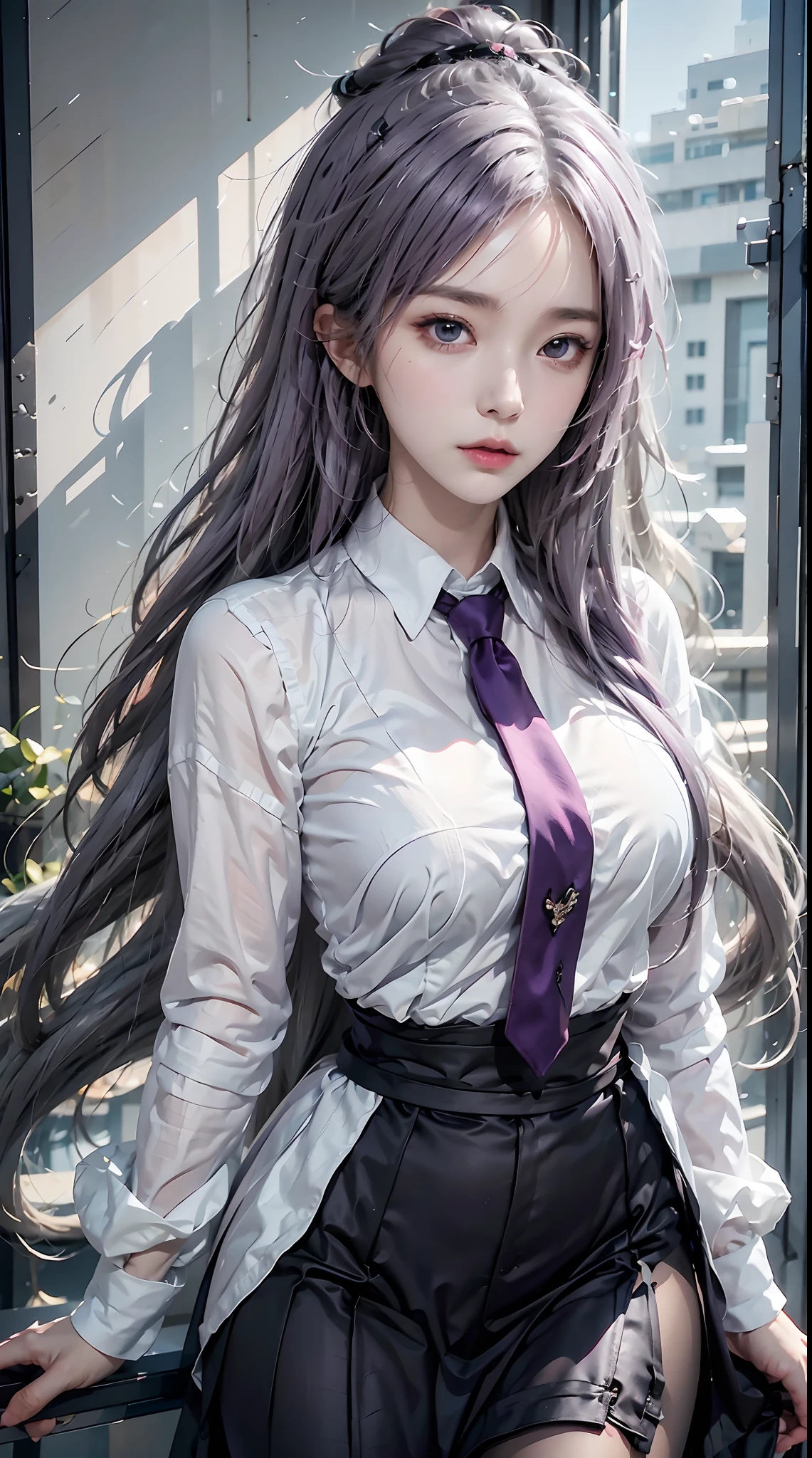 Close up of a man with purple hair and a purple tie, Stylized anime, anime moe art style, Katana Zero video game character, anime girl of the future, portrait anime space cadet girl, Portrait Chevaliers du Zodiaque Fille, close up of a young anime girl, Anime Stylization, with glowing purple eyes, in an anime style, anime styled 3d(Detailed face)