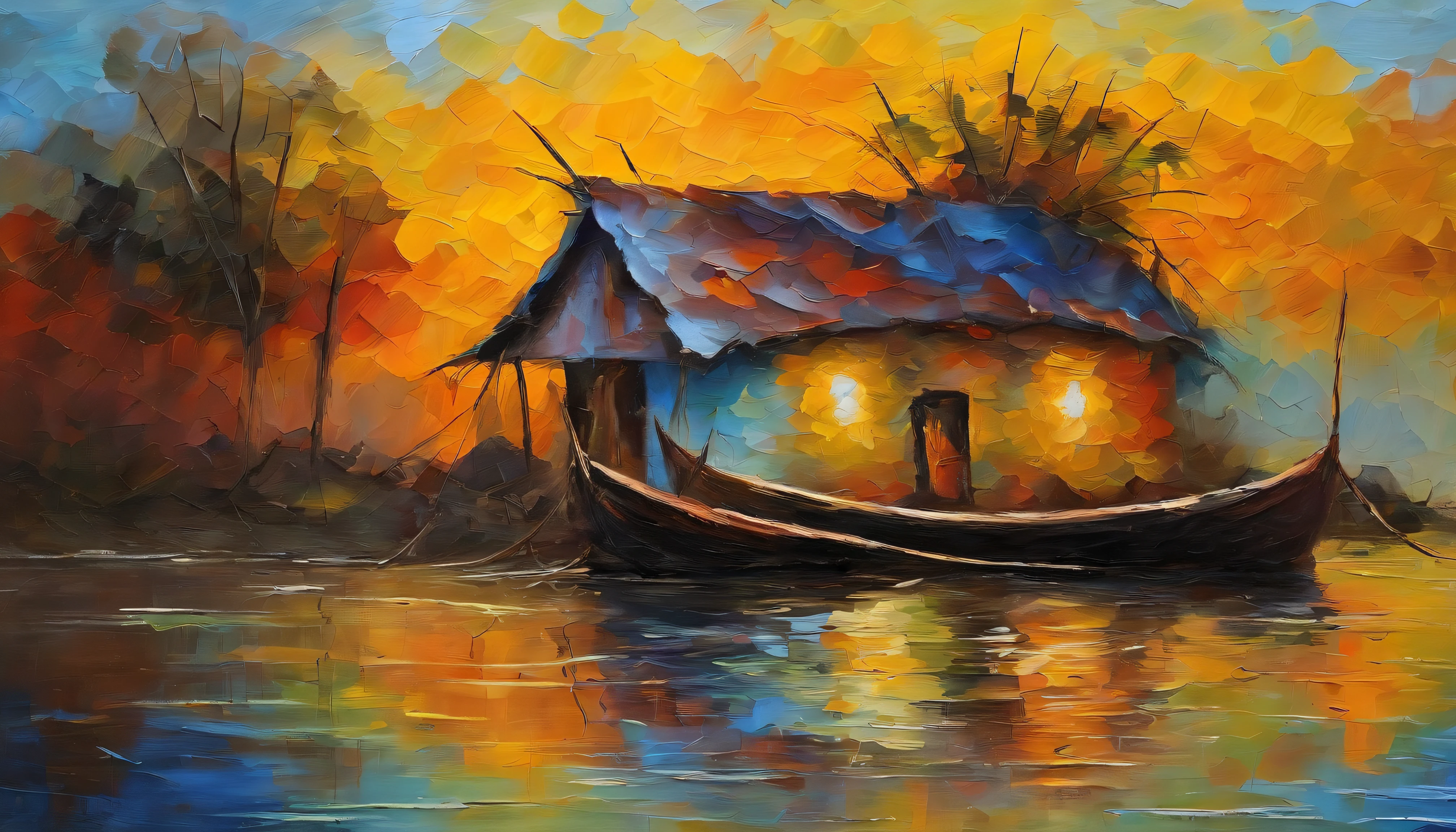 There is an old cottage by the river, Fishing boats near the water hut, ((Patinhos nadam perto do barco)), Flores florescem ao lado da casa de campo, Um velho fuma,Sit in front of the cabin. Obras-primas de arte.