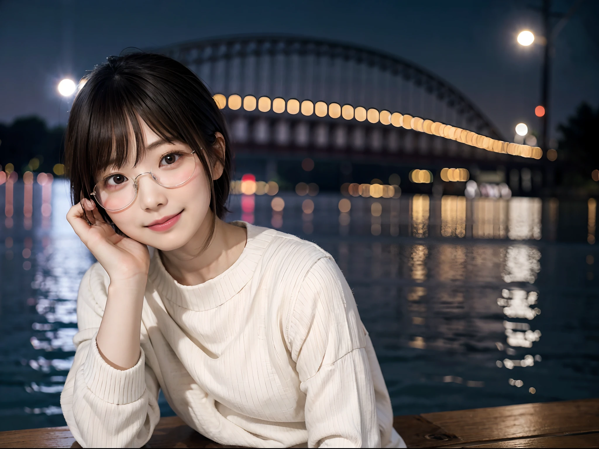 Japan girls in casual clothes、Watch your audience、Tokyo cityscape at night、(top-quality、Master masterpiece)))、HD fine、ighly detailed、Master masterpiece、电影灯光、(8K、top-quality、Master masterpiece:1.2)、(realisitic、Photorealsitic:1.37) Hi-Res、Super Detail、Woman with glasses、Silent look、Round glasses、Asian, cute little, Cute face, Solo, Short hair 1.2, Textured skin, Beautiful smile, Beautiful detailed night sky, night landscape, 电影灯光, depth of fields, Lens flare light、Dating、(blush nose)、、(Mouth closed)tiny chest、Beautiful eye for detail、(Sweaters:1.1)、(Short hair:1.2)、Floating hair Nova frog style、