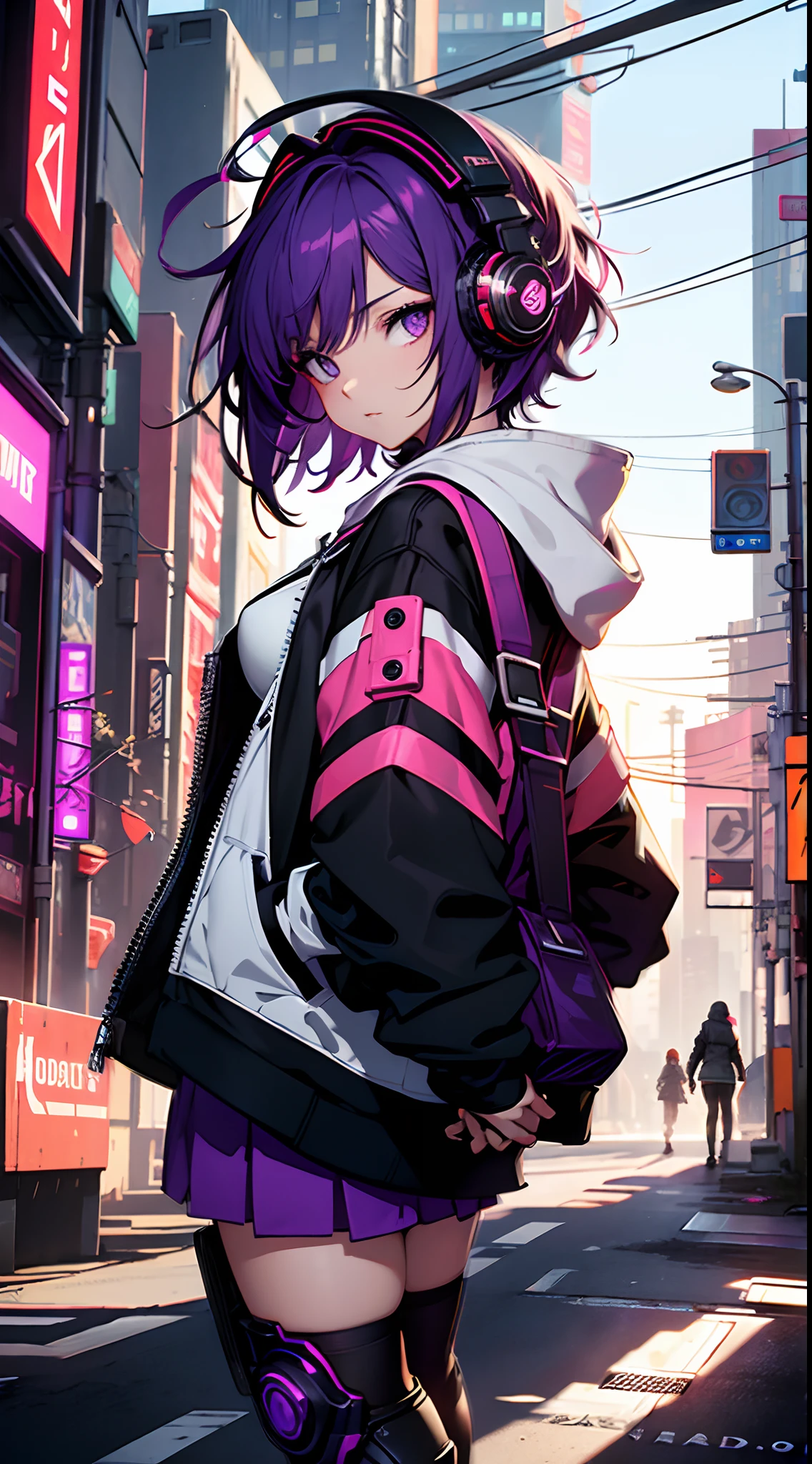 natta、Colorful cyberpunk city background、headphone、colorful lighting、maid girl、a miniskirt、Purple Eye、Purple short hair、radiant eyes、Black stockings、Back lighting、brilliance、looking at the spectator、Low Angle Lens、Hoodie with white and red lines、perfect-composition、Perfect light and shadow delicacy、in 8K、