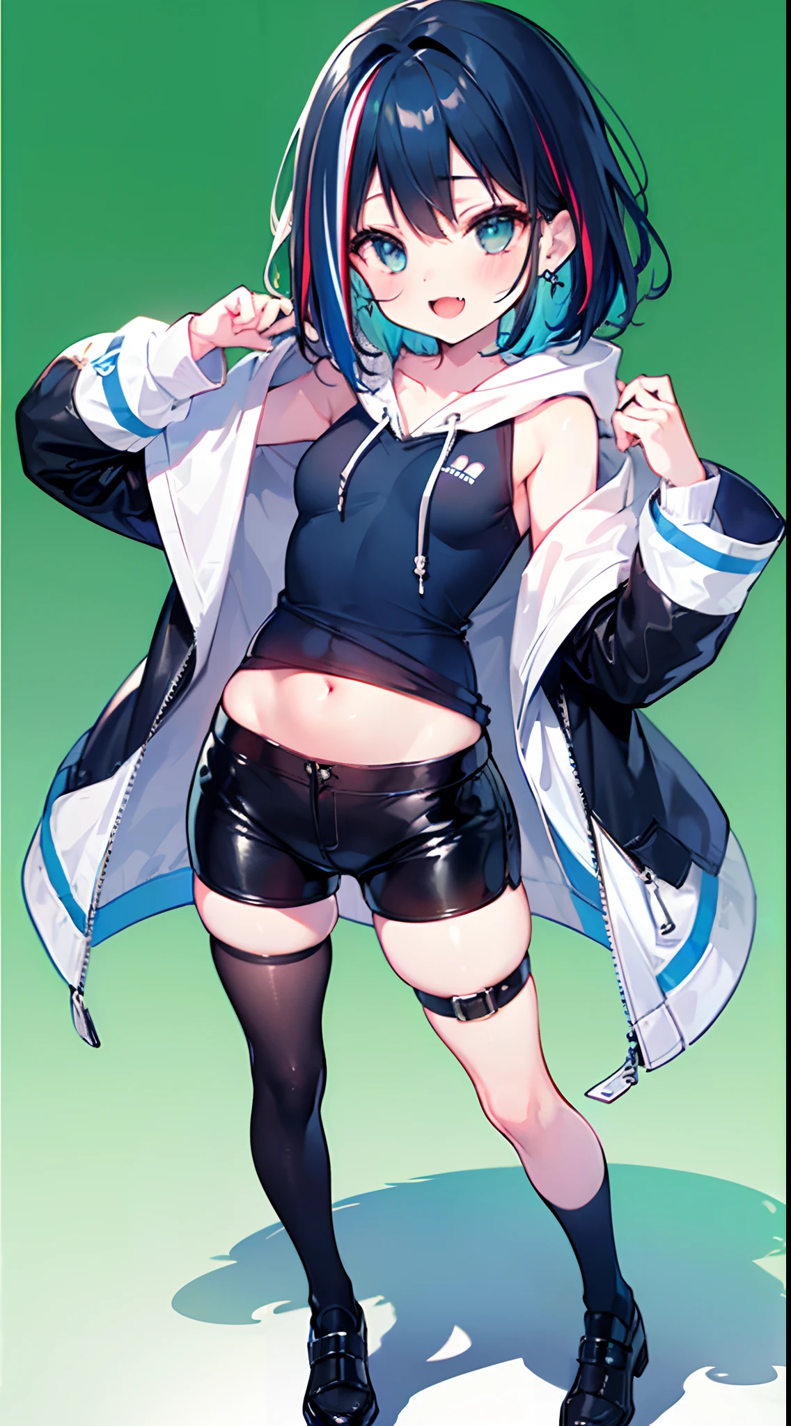 ((1girl)),(((full body))),(solo),(standing),((green background,simple background)),multi-tone hair,(((dark blue hair:1.2))),blue hair,(streaked hair,blonde streaked hair),short hair, (((small breasts))),,(((kawaii))),little girl, tall,6 years old,((Navel ,(dark skin:0.6), plump thighs, tareme, glasses, ((light smile)),open mouth slightly,fang, ((black leather short pants)),dark thigh high socks,  musical note earrings,(ware over a long front-opening hoodie,ware over a penguin hoodie, take off the hood, baggy hoodie),baggy headphone,(blue t-shirt), mechanic,robotics,sound engineer,((((masterpiece)))), high quality, very_high_resolution, ulutra detailed, large_filesize, full color, anatomically correct