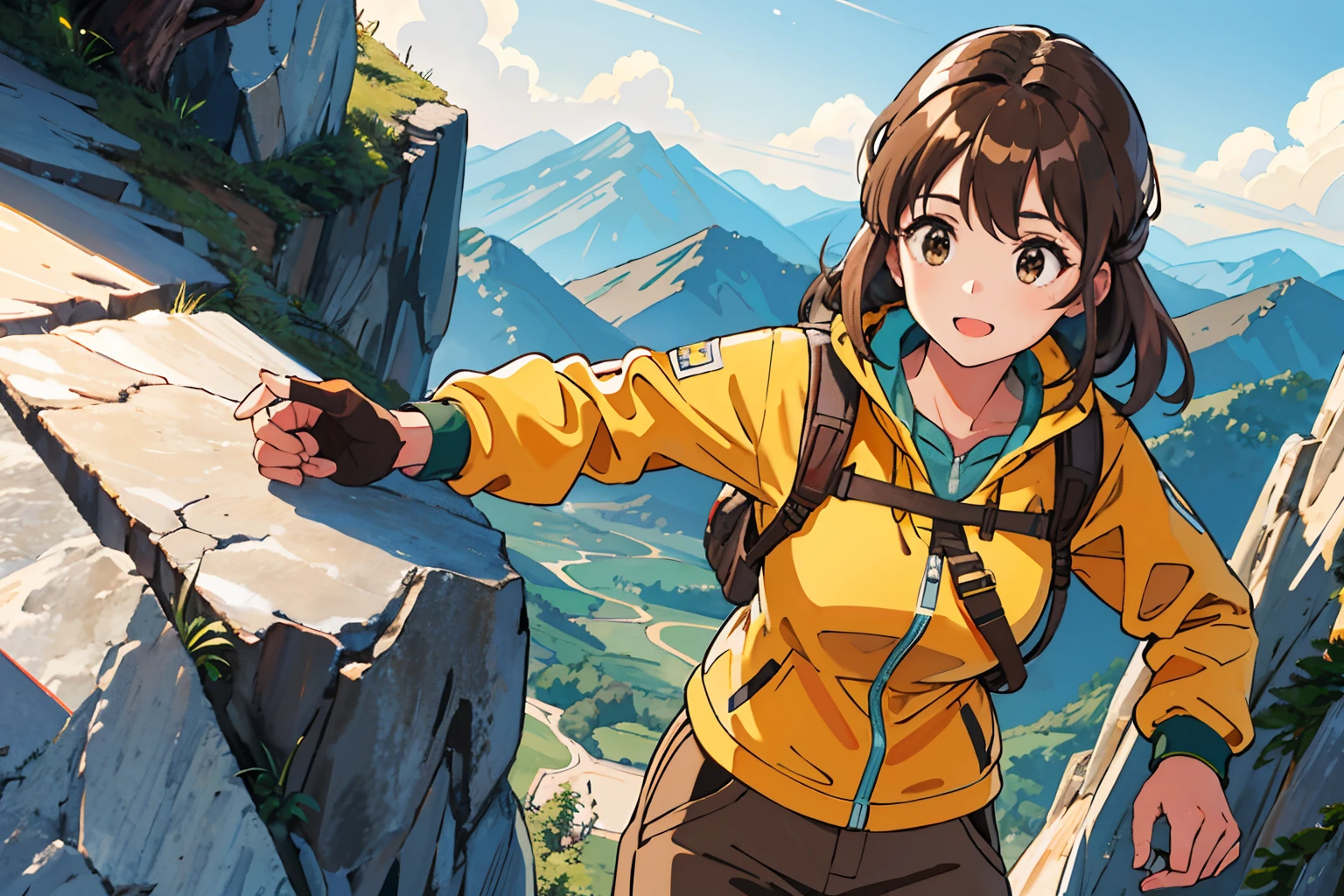 (Best quality, Masterpiece),Sunny，Broad lens，(Brown hair long)，Lively cute girl with long brown hair，Wear hiking clothes，mountaineering，Climb to the top，Resolute and forward，venture，High hills，