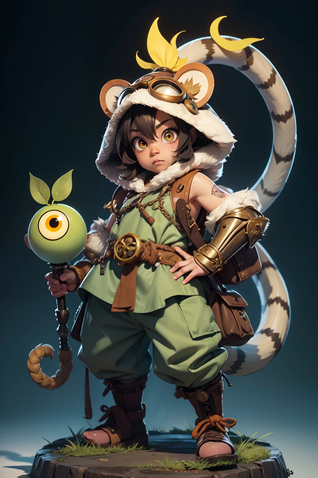 Monkey Shaman, by Katsuya Terada, hard disk, Manga, Show Avatar,Shaman lemur, Katsuya Terada STYLE, pokemon style, lemur, Yellow Eye, shaman, Snakeskin Armor, scales,lemur, Yellow eyes, Muppets, It features a simple, klara, chubby, , Manga, Contrasty, Full Body Dynamic Posse, gear, goggles, hoods, by Katsuya Terada, clean, compact, It features a simple
