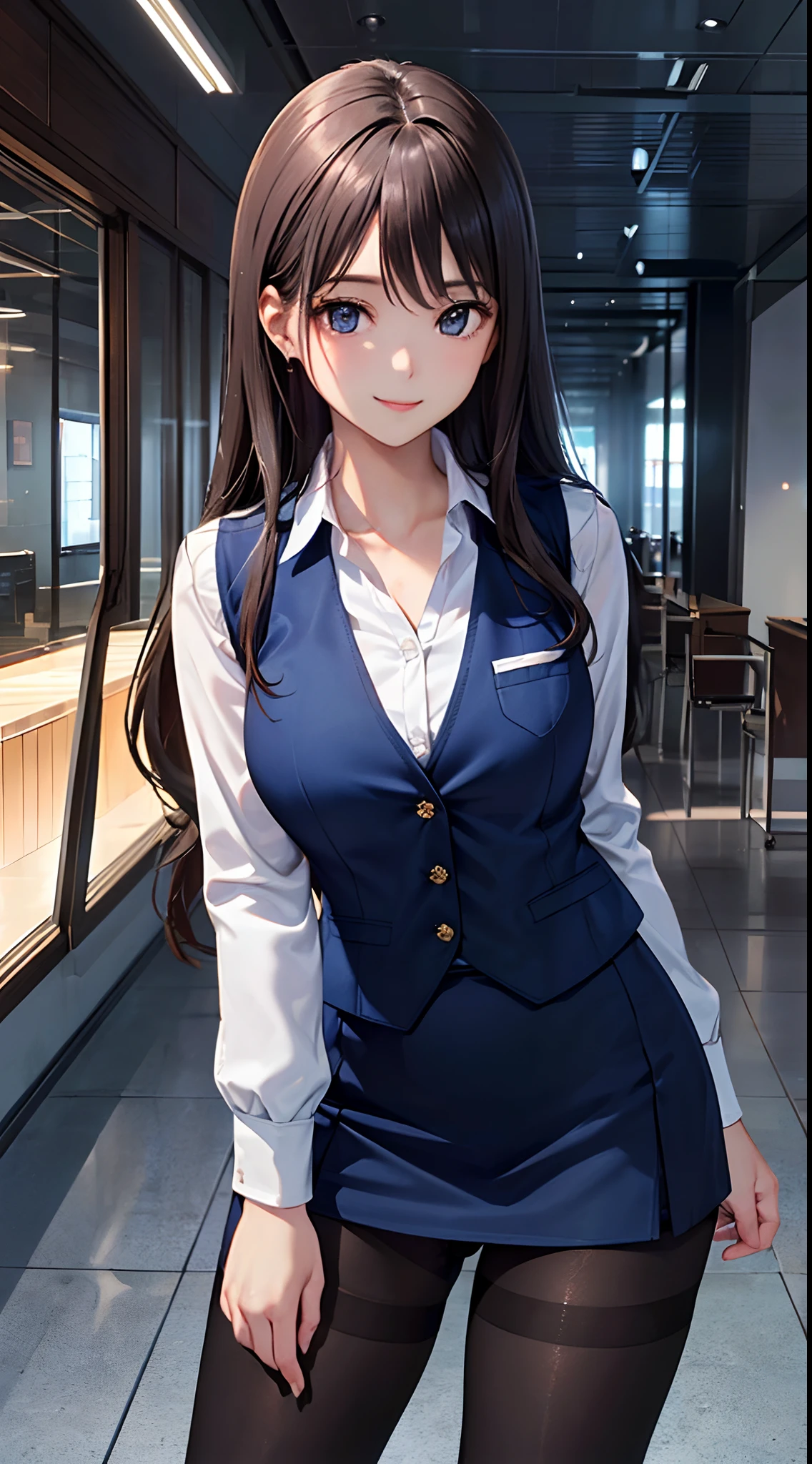 ((((perfect anatomy, super detailed skin)))), 1 girl, japanese, , (detailed ultra-oily shiny skin:1.1), watching the view, (smile:1.5),
beautiful hair, beautiful face, beautiful detailed eyes, (long hair:1.4, straight hair:1.7), brown hair, (beautiful large breasts:1.3),
beautiful clavicle, beautiful body, beautiful chest, beautiful thigh, beautiful legs, beautiful detailed fingers, five fingers, babyface, , st,
((long sleeves white shirt with collar and buttons, (beautiful dark blue suit vest:1.4, dark blue tight skirt:1.4, black pantyhose:1.3), oily shiny thigh-highs, extremely sexy, crotch, seductive thighs, camel toe)),
(beautiful scenery), receptionist, department store, service counter, beautiful sister, , walking, stretch,
(8k, top-quality, masterpiece:1.2, extremely detailed, , ), (photorealistic), beautiful illustration, cinematic lighting,