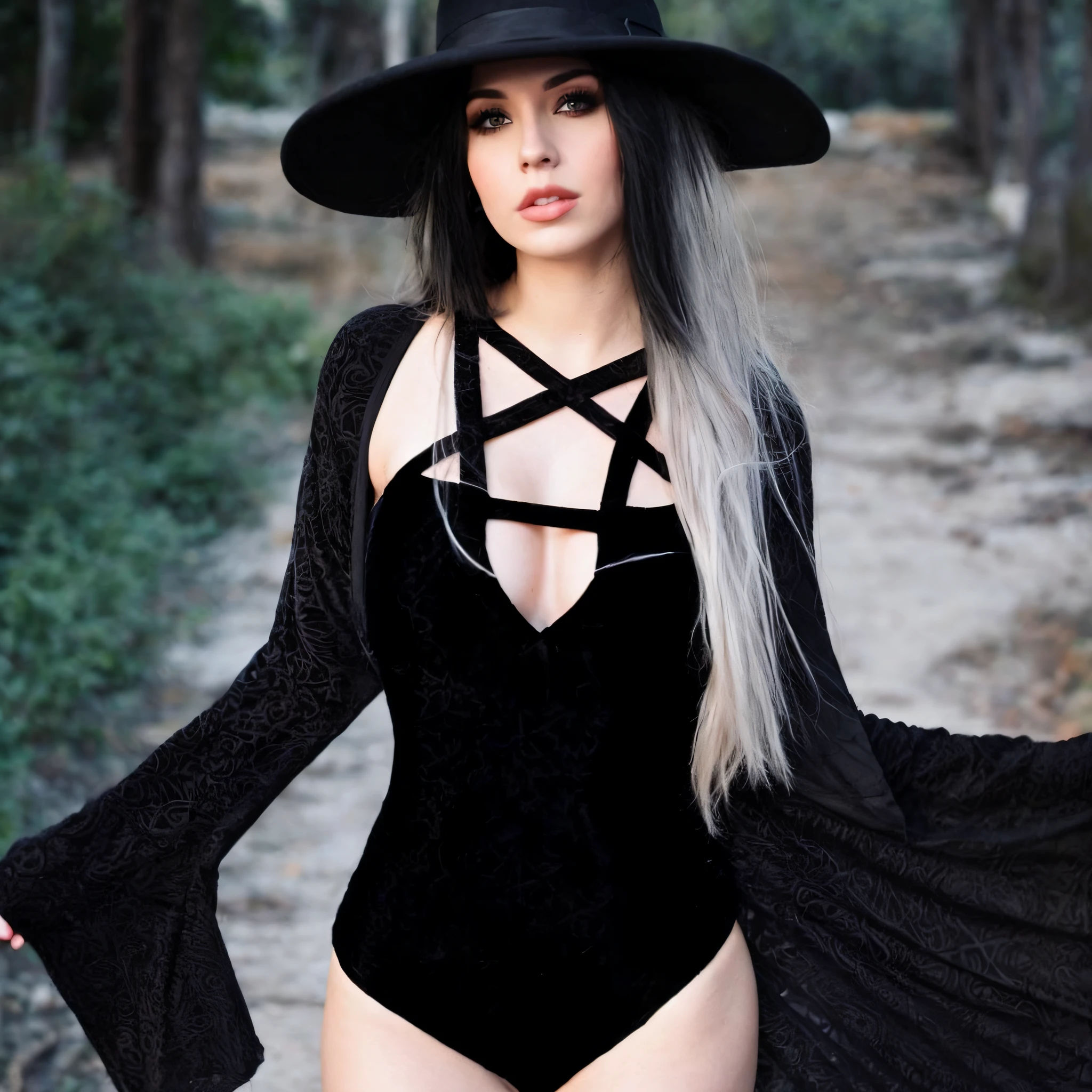 foto RAW,una mujer en un traje de bruja posando para una foto, inspirado por Xul Solar, tumblr, Wearing two-piece swimsuit, Wearing Modern Gothic Clothes, body, ropa de bruja, astri lohne, ava max, accesorios negros exquisitos, goth clothes, sombrero negro para el sol, vestida de terciopelo, atuendo revelador,(piel alta y detallada:1.2),8k UHD, DSLR, Soft lighting, alta calidad, Film grain, Fujifilm XT3