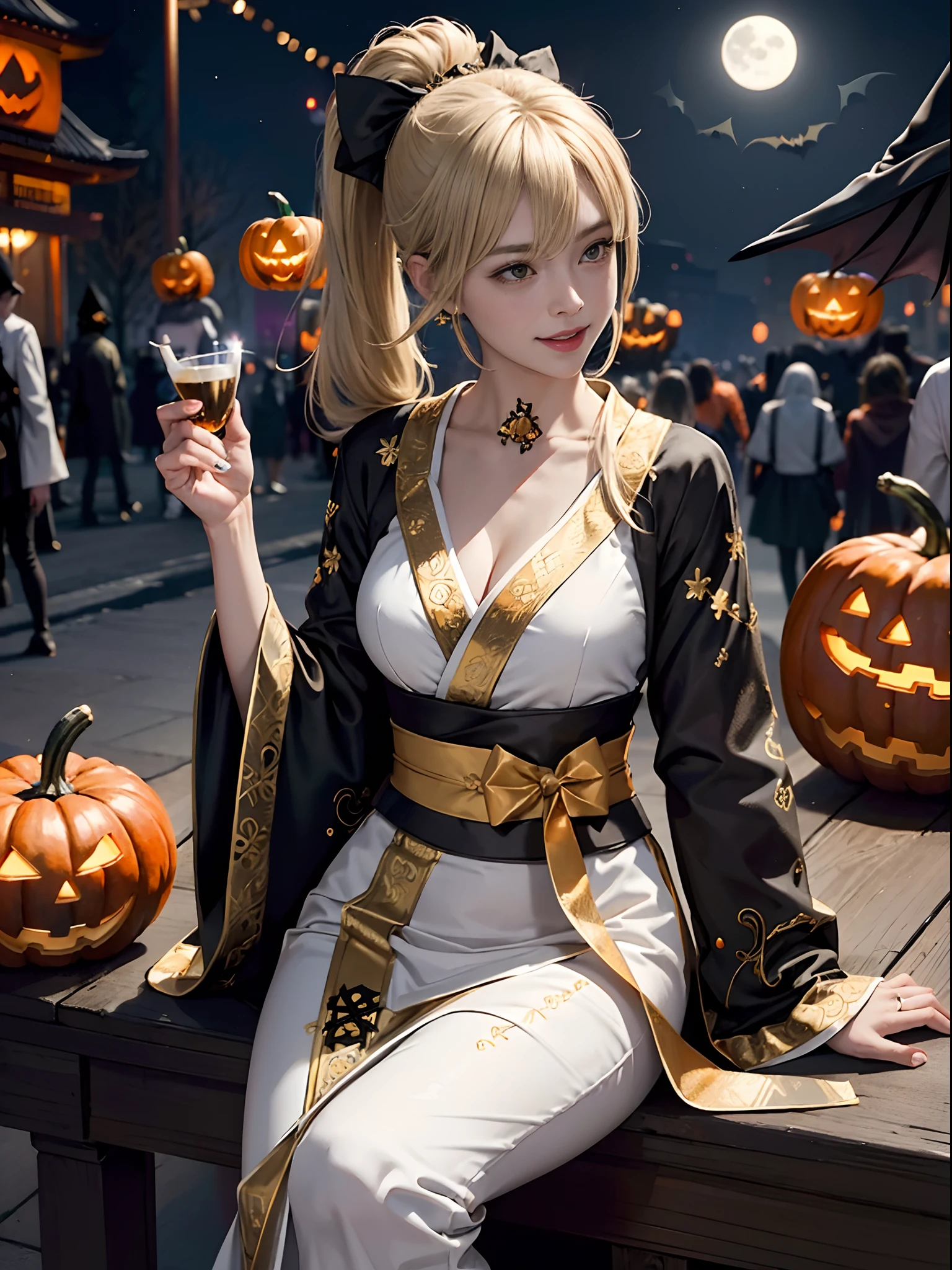 (rokoko:1.5),Background of details(halloween night:1.5)(fullmoon:1.2)(Station Square at Night(Crowds):1.5)(squash:1.5),BREAK ,elaborate costume(Luxury kimono(Black kimono(detailed embroidery(blanche,golds)))),BREAK,(1 Beautiful and classy adult woman(Shy smile(tusk):1.2)(Japanese actressl:1.2)(Shiny blonde hair(poneyTail:1.2))),(eye glass(four corners:1.2)),(Drinking alcohol(Drinking alcohol):1.2)(),BREAK,Wallpapers 16K,Blur the background,)(masutepiece,Best Quality,Portrait photos):1.5),full body Esbian