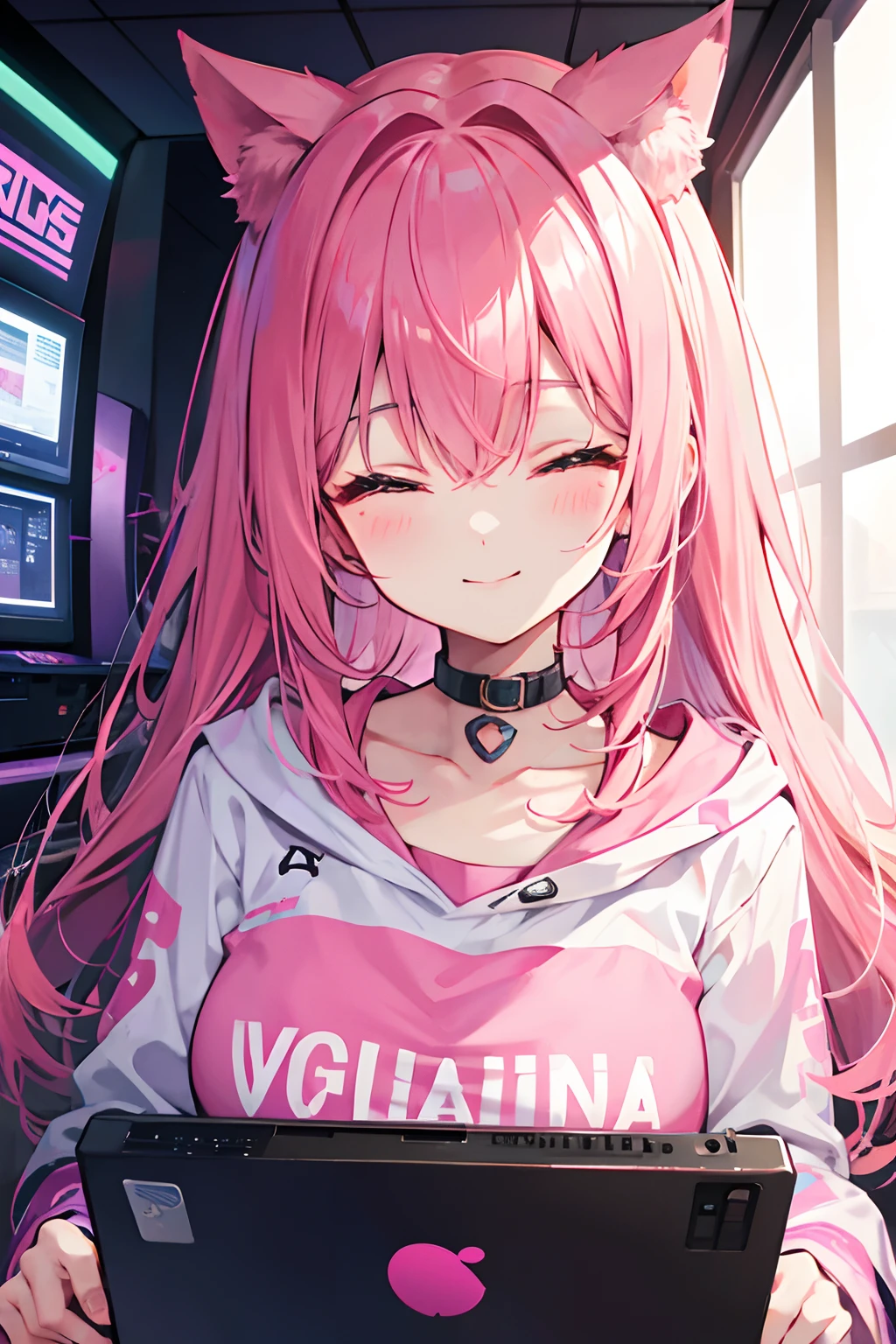 smiling close eyes pink hair girl in her gameroom