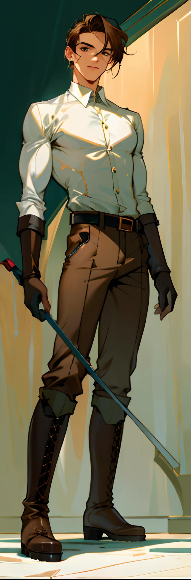 (highest resolution, distinct_image) best quality, a man, solo, masterpiece, highly detailed, semi realistic, brown hair, bangs, (23 years old:1.4), mature, tall strong,paladin,(luxury hotel room background:1.2), cold, serious, tall, handsome, powerful, demi-god, exquisite facial features, (full body)(combat_boots:1.4)(dark pants:1.3),( gloves:1.5)(long sleeves),solo,(looking at viewer),(from below:1.1)(head turned upwards:0.3)(smiling:0.4)(holding riding crop:1.2)(muscular:1.2),(black belt), (shirt tucked in pants),(standing on ground), (marble floor)(mean:0.4)(seductive:0.5)(evil:0.9),detailed,(abs:0.9)(bdsm Equipment),(Link:1.3),Warrior,knight,(white button-up shirt)(masculine face)