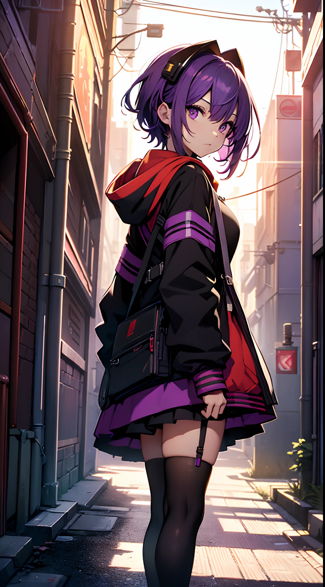 natta、Colorful cyberpunk city background、Back alley、Colorful lighting、maid girl、a miniskirt、Purple Eye、Purple short hair、radiant eyes、Black stockings、Back lighting、brilliance、looking at the spectator、Low Angle Lens、Hoodie with white and red lines、perfect-composition、Perfect light and shadow delicacy、in 8K、