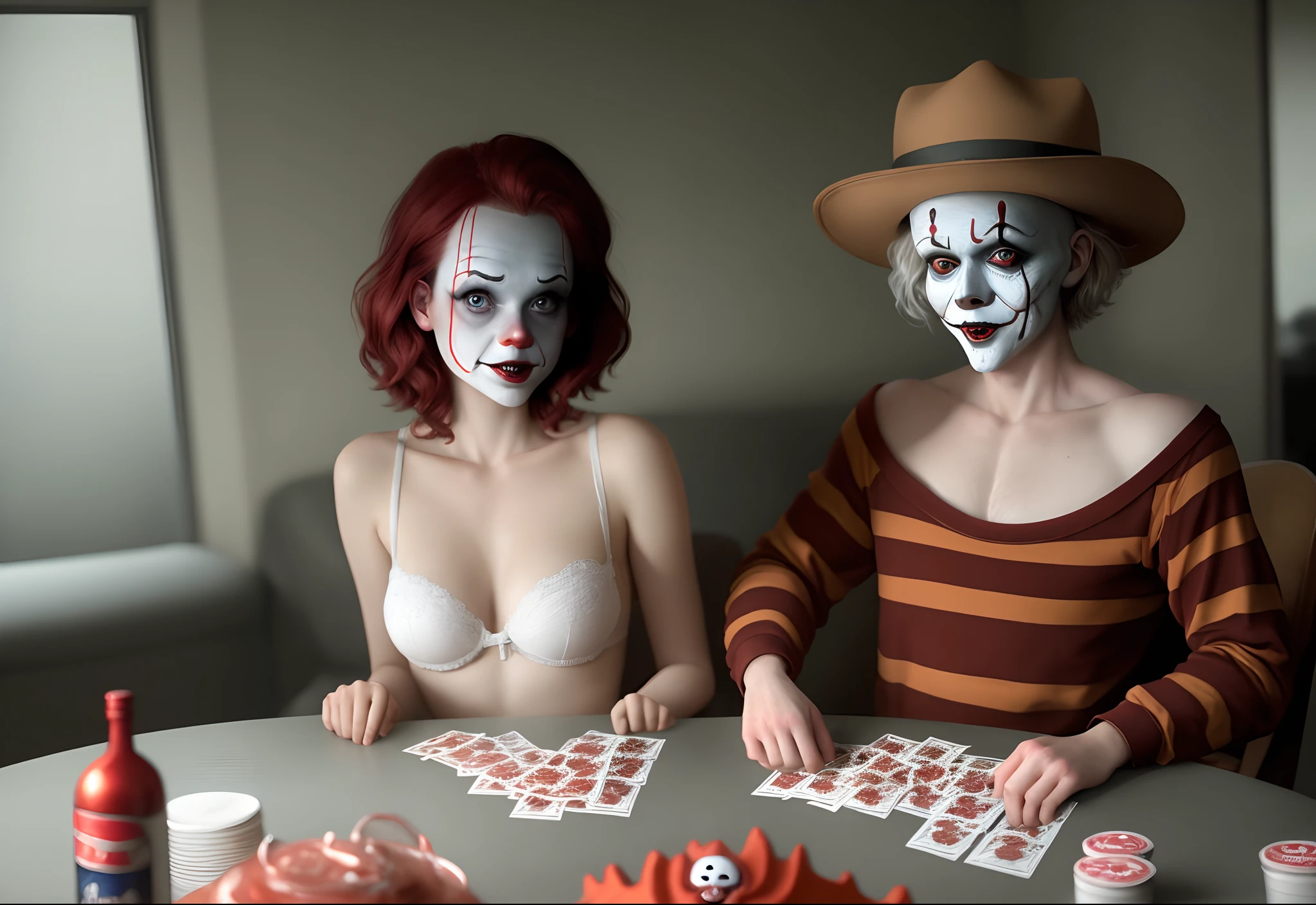 Female Jason vorhees and freddy krueger playing strip poker with pennywise