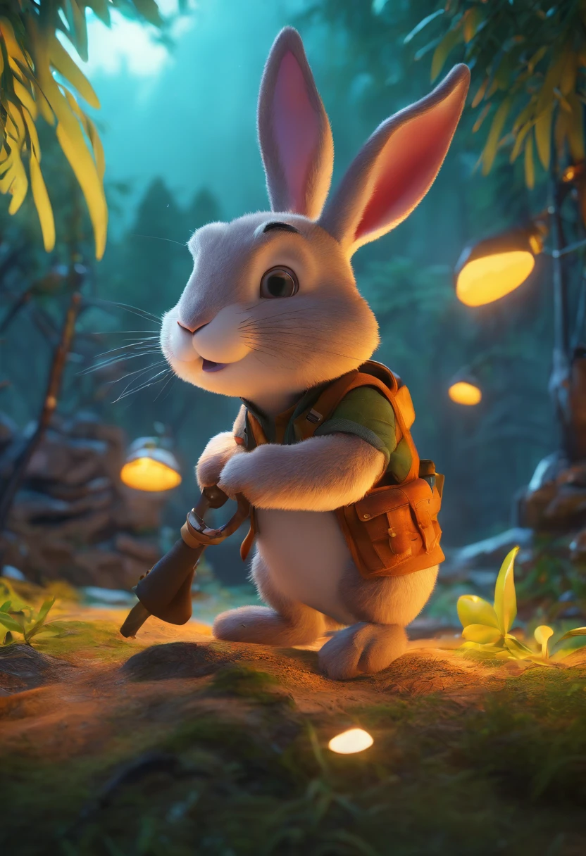 (An adventurous cartoon rabbit is leaning over to take a closer look at the terrain in the dark forest),(Bent over position),(He had a solemn expression on his face),(Scout fighter equipment)
Background with: Magical jungle at night,D rendering {{Masterpiece}}, {{Best quality}}, {super detailing}, {{illustration}}}, concept art of character, Game scene graphics, Clear facial features, Close-up photos, Photography, postapocalyptic, Masterpieces, archviz/influencer, Background, corona rendered, Octane rendering, V-rays, High detail texture, Ultra high quality, Super high resolution, Popular on artstation, surrealism, surrealism, k hd, 8K axis shift, Long projection, Night lighting