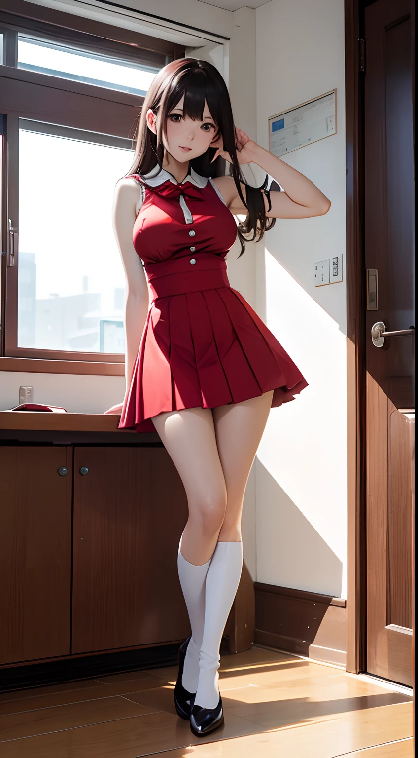 masutepiece、Ultra-high definition animation quality、8K、school classrooms、teaching staff、femele、42 year old、beautiful countenance、A MILF、Red cheeks、Big eyes、Red Tight Mini Dress、Sleeveless、Pleated mini-skirt、red knee-high boots、White panty、FULL BODYSHOT、Watching from the floor、Standing、skirt rift
