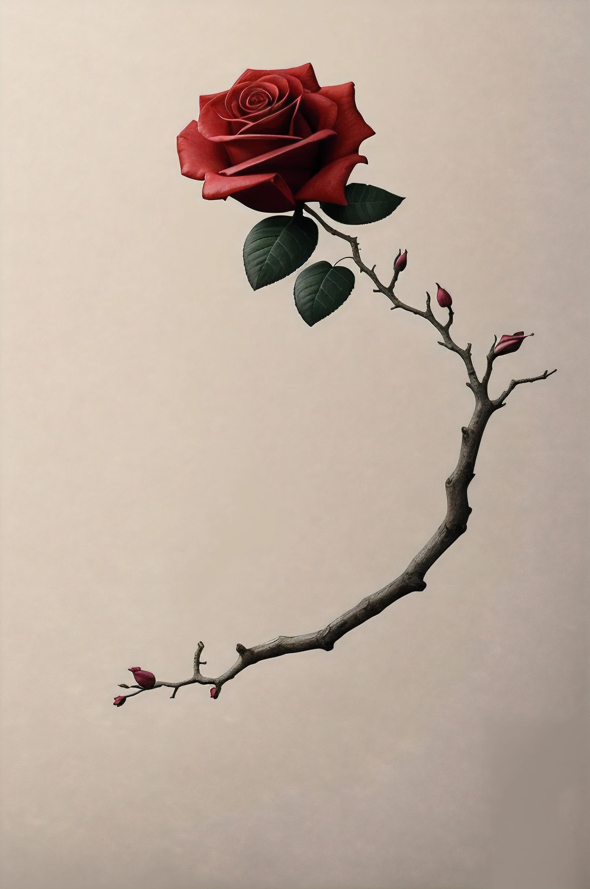 rose flower blooming on a gnarled branch against a grey background, simple background, in the style of light orange and light beige, minimalist images, photography installations, paleocore, green and crimson, hyper-realistic, poetic intimacy