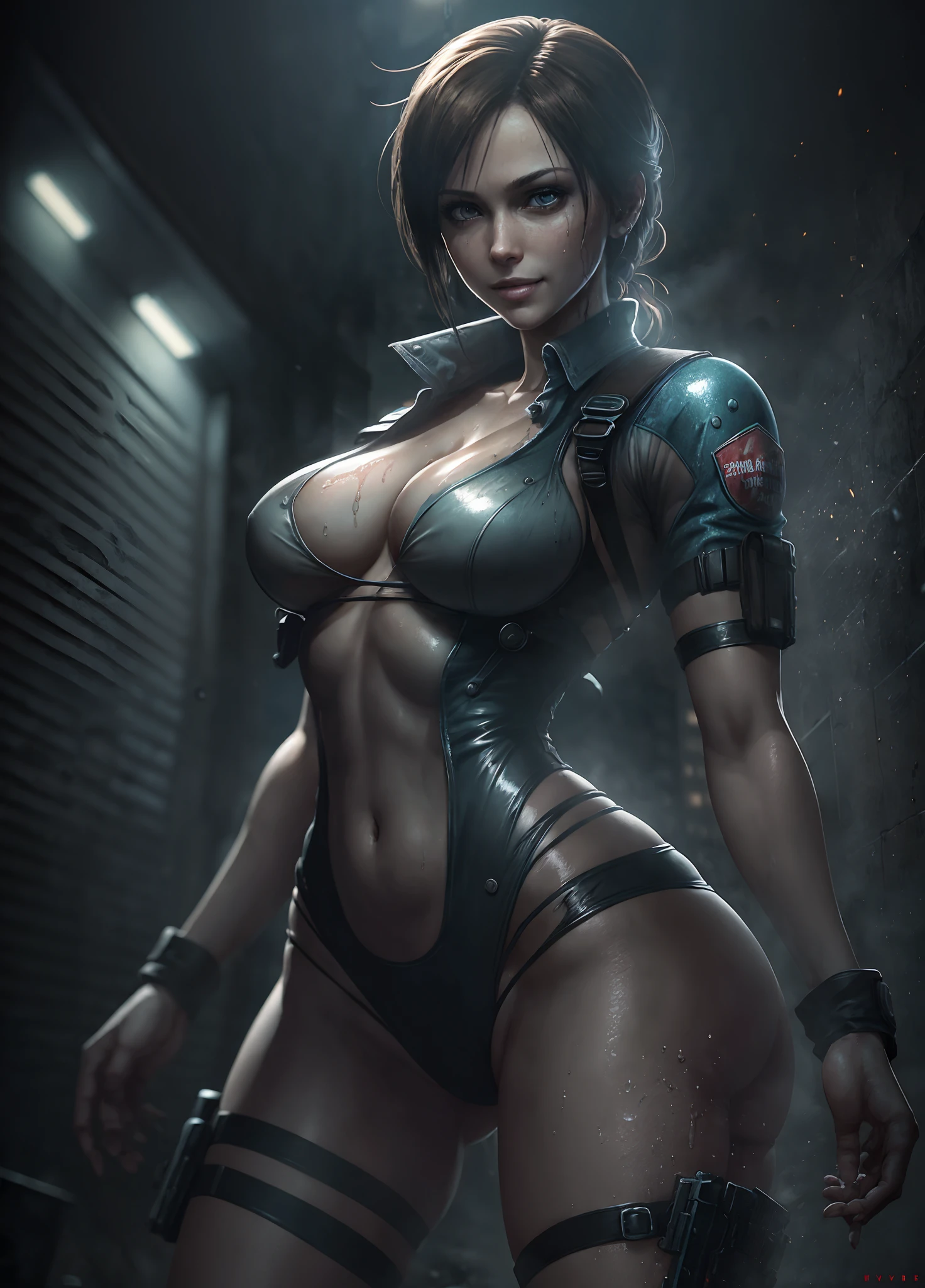 best quality, masterpiece ,Jill Valentine ,beautiful, ultra realistic,all details, high resolution, smile, attractive, beautiful, wearing transparent clothes,big breasts, big hips,big butt, clearly visible full body parts, standing and spreading legs, sexy poses,full body shot,wet, oily body, nice body shape, background middle of apocalypse city,resident evil theme , zombie apocalypse, --auto --s2