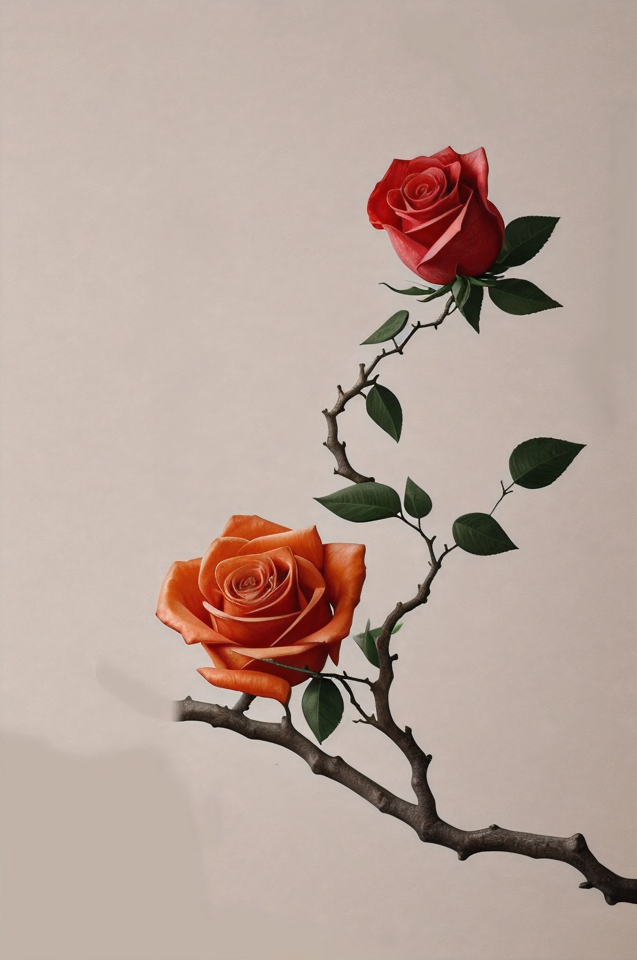 rose flower blooming on a gnarled branch against a grey background, simple background, in the style of light orange and light beige, minimalist images, photography installations, paleocore, green and crimson, hyper-realistic, poetic intimacy