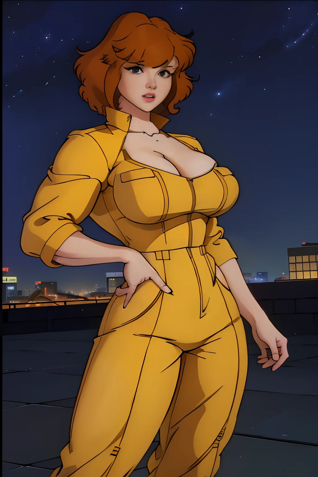 Cowboy shot, April O'Neill, 1980s \(style of\), 1girl, Very muscular girl, brown hair, orange hair, retro artstyle, Short hair, Yellow jumpsuit, , big_pectorals, huge biceps, wide hips, cleavage, night city background