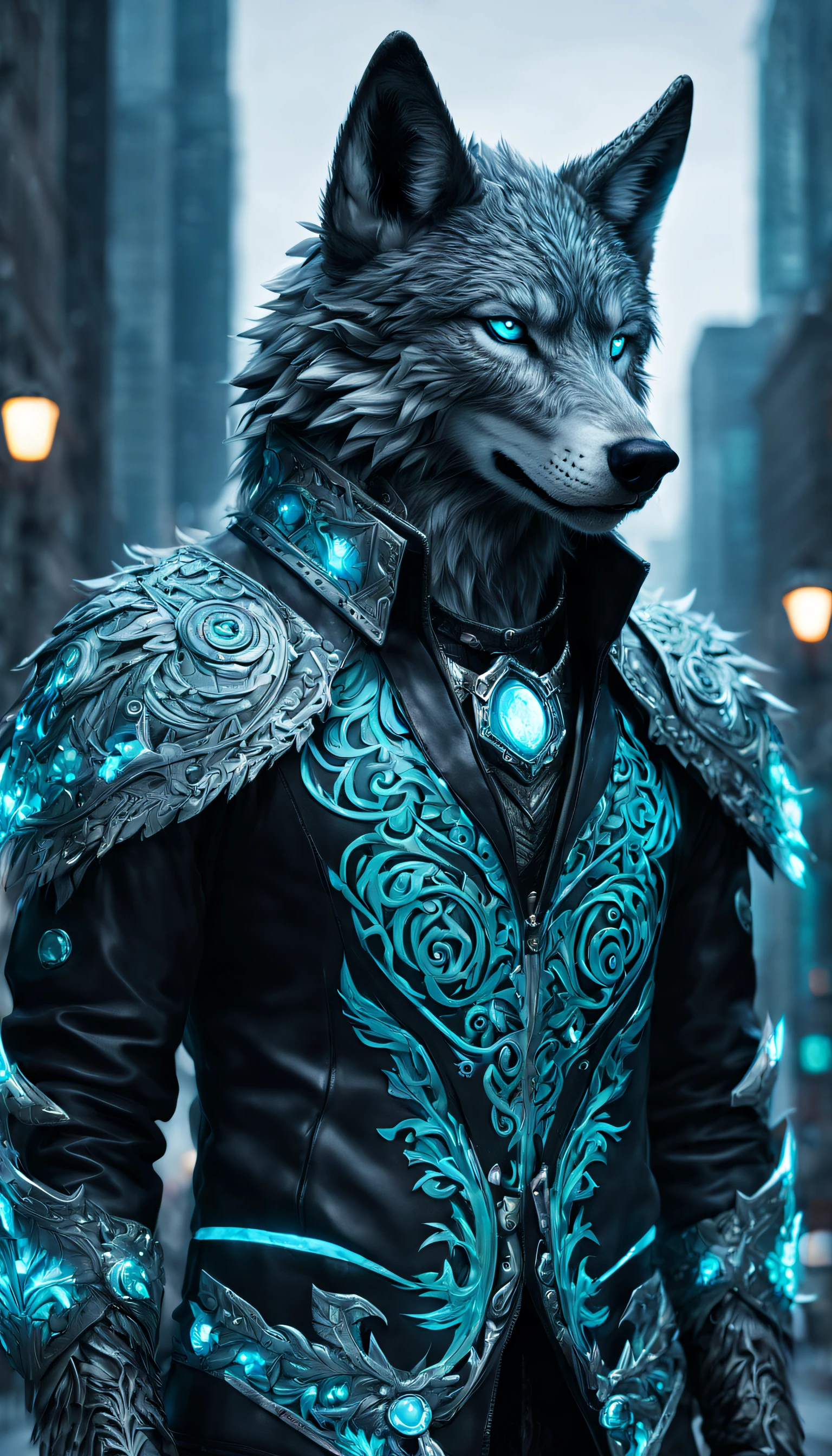 An anthropomorphic wolf with bluish-gray fur and luminous turquoise eyes, posicionado em uma cidade moderna com neve caindo ao redor. Ele veste uma armadura negra e detalhada, Carved with intricate patterns reminiscent of ice and intertwined branches. Armor protects your chest and arms, Revealing Defined Muscles Underneath. The city streets in the background are lit up by streetlights and car lights, creating a contrast between the mystical world of the wolf and the contemporary urban environment.