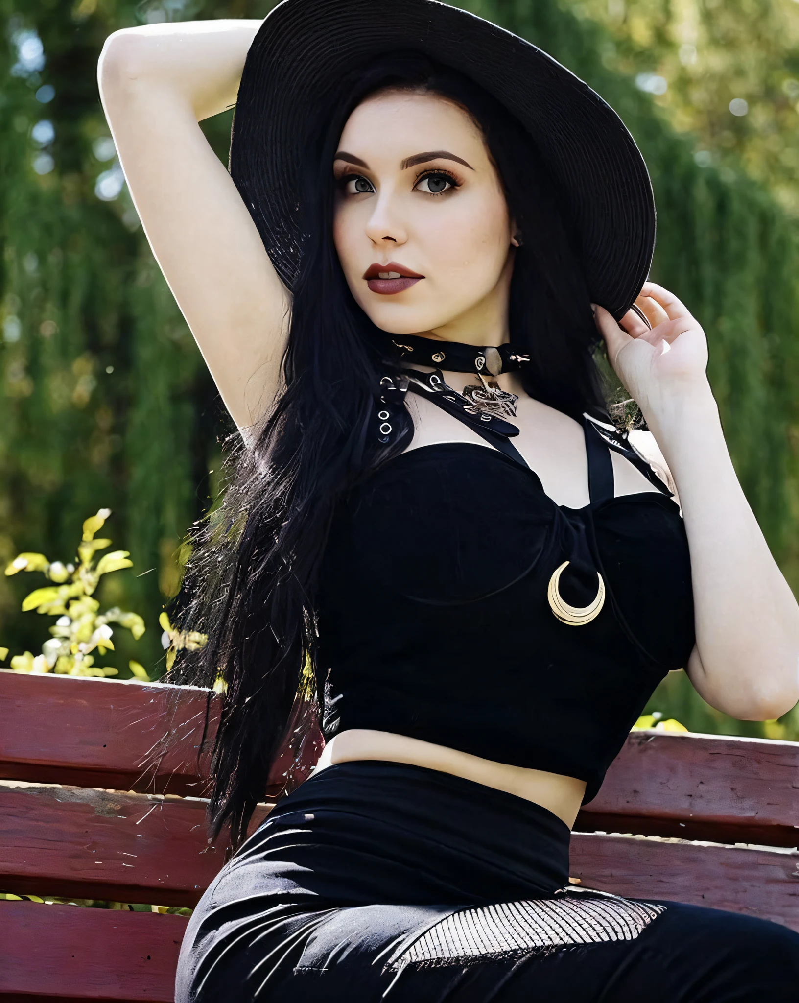 foto RAW,una mujer sentada en la parte superior de un banco de madera, un retrato, tumblr, Gothic Art, amouranth joven y hermosa, con un chocker y sombrero lindo, Very beautiful gothic top model, yennefer, hermoso abdomen, She is about 2 5 , Bright sunny day, ekaterina, con el pelo largo y ojos penetrantesr,(piel alta y detallada:1.2),8k UHD, DSLR, Soft lighting, alta calidad, Film grain, Fujifilm XT3