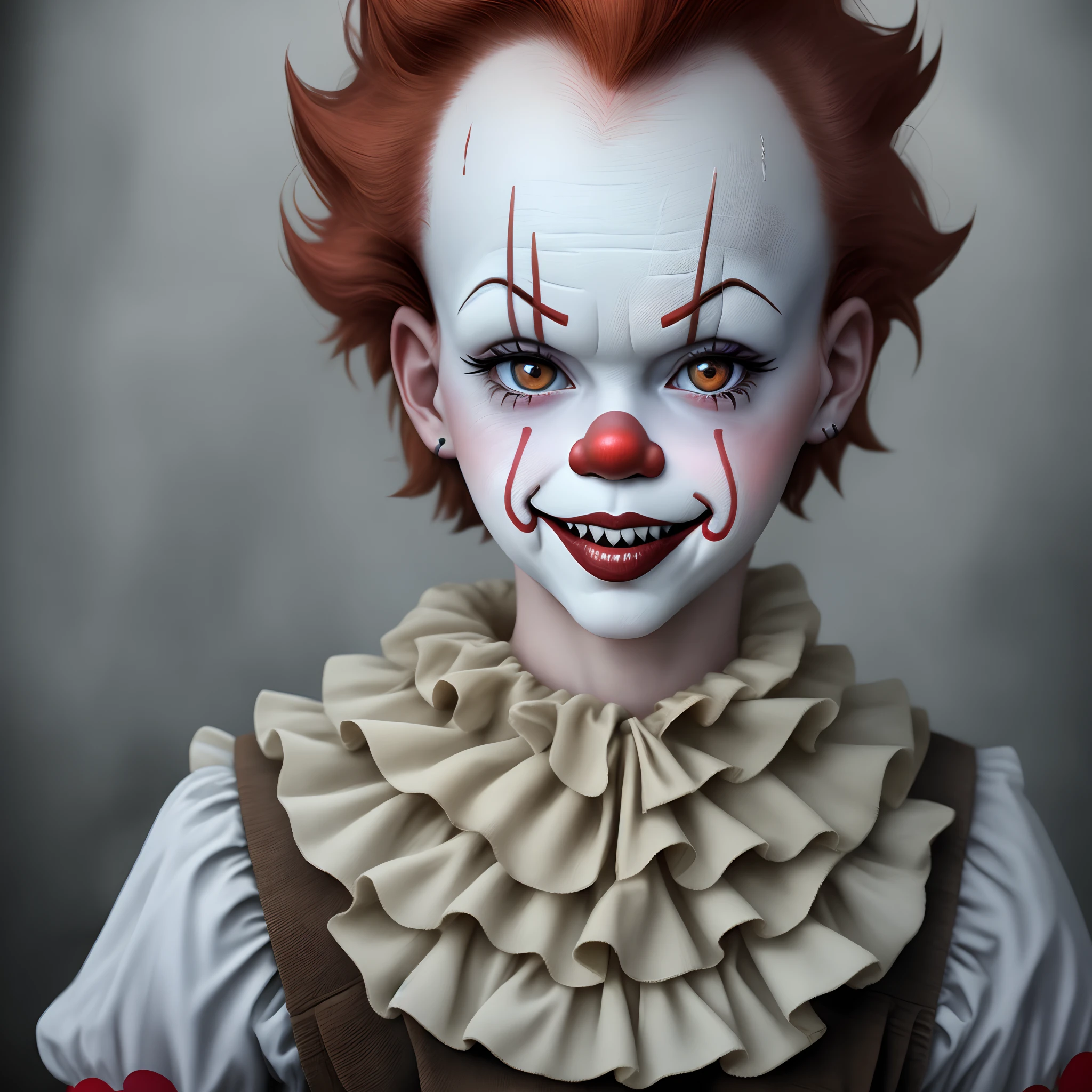 I want a picture of a scary clown, but with a unique design. The clown must have white makeup, but with black accents in the form of fine lines and details that enhance a macabre expression. Instead of a red wig, This clown has a bald head and a small black hat.. His clothing is completely white with small black buttons., torn and stained, contrasting with the clean and colorful image of other clowns. The smile must be extremely wide and disturbing., almost mechanical, with sharp and misaligned teeth. The eyes should be exaggeratedly large., surrounded by black makeup, giving a disturbing and empty look. The environment should be dark and gloomy, with a simple background that highlights her slim and elongated figure, highlighting the atmosphere of terror and madness